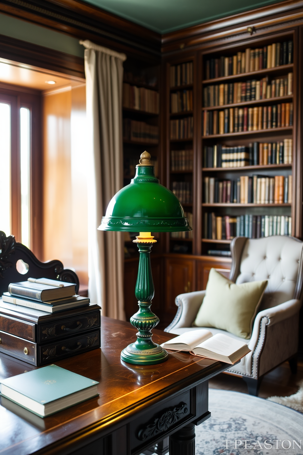 A vintage green desk lamp casts a warm glow over a cozy study room filled with character. The walls are adorned with rich wooden bookshelves, and a plush armchair invites you to settle in with a good book. The desk is made of dark wood and features intricate carvings, complementing the lamp's classic design. Soft green accents in the decor create a harmonious and inviting atmosphere perfect for productivity.