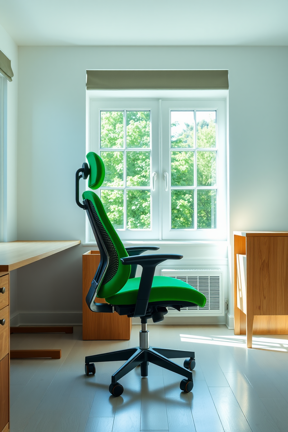 A serene study room featuring minimalist design elements. The walls are painted in a soft white, complemented by green accents in the form of a lush potted plant and green decorative items. A sleek wooden desk sits against the wall, paired with a simple ergonomic chair. Natural light floods the space through a large window, enhancing the calming atmosphere of the room.