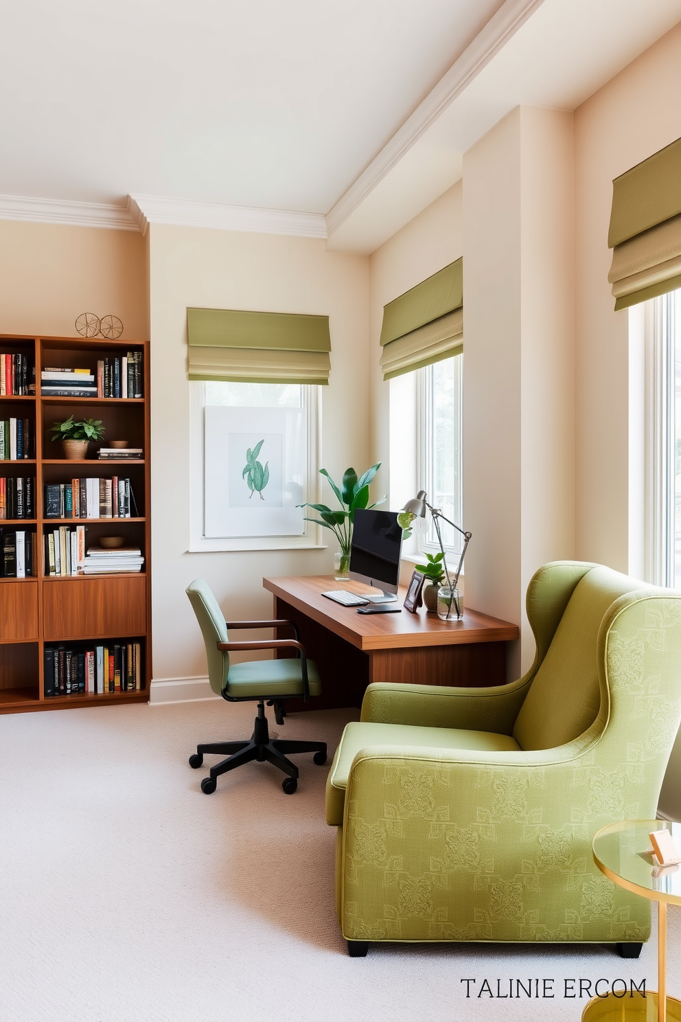 A serene study room featuring neutral tones with green highlights. The walls are painted in a soft beige, while the furniture includes a sleek wooden desk and a comfortable chair upholstered in a muted green fabric. A large bookshelf filled with books lines one wall, with decorative plants placed on several shelves. A cozy reading nook with a green accent chair and a small side table sits by the window, allowing natural light to flood the space.