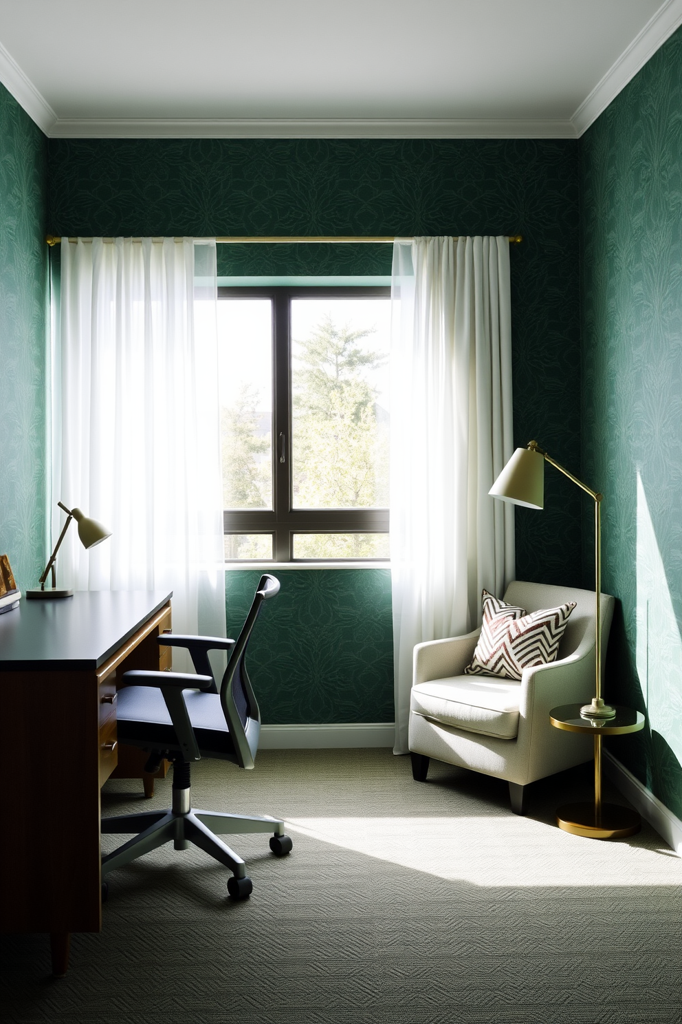 A serene study room featuring green wallpaper with subtle patterns that add depth and texture to the space. The room is furnished with a sleek wooden desk and a comfortable ergonomic chair, creating an inviting workspace. Natural light floods the room through a large window adorned with sheer white curtains. A cozy reading nook is created with a plush armchair, a small side table, and a stylish floor lamp, perfect for quiet moments of reflection.