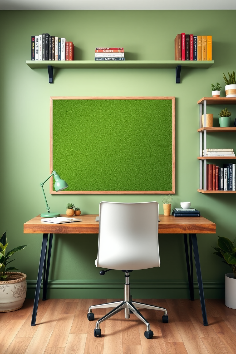 A creative workspace featuring a large green bulletin board mounted on the wall. The desk is made of reclaimed wood with a sleek, modern chair positioned in front of it. The room is painted in a soft green hue that promotes focus and creativity. Shelves filled with books and plants add a touch of warmth and inspiration to the space.