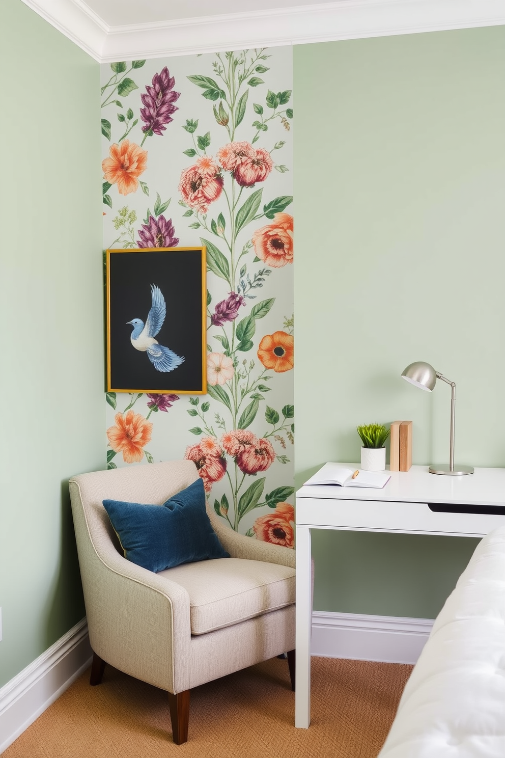 Accent wall with botanical wallpaper. The room features a cozy reading nook with a plush armchair and a small side table. The walls are painted in a soft green hue that complements the vibrant colors of the wallpaper. A sleek desk with a minimalist design sits opposite the reading nook, adorned with stylish stationery and a small potted plant.