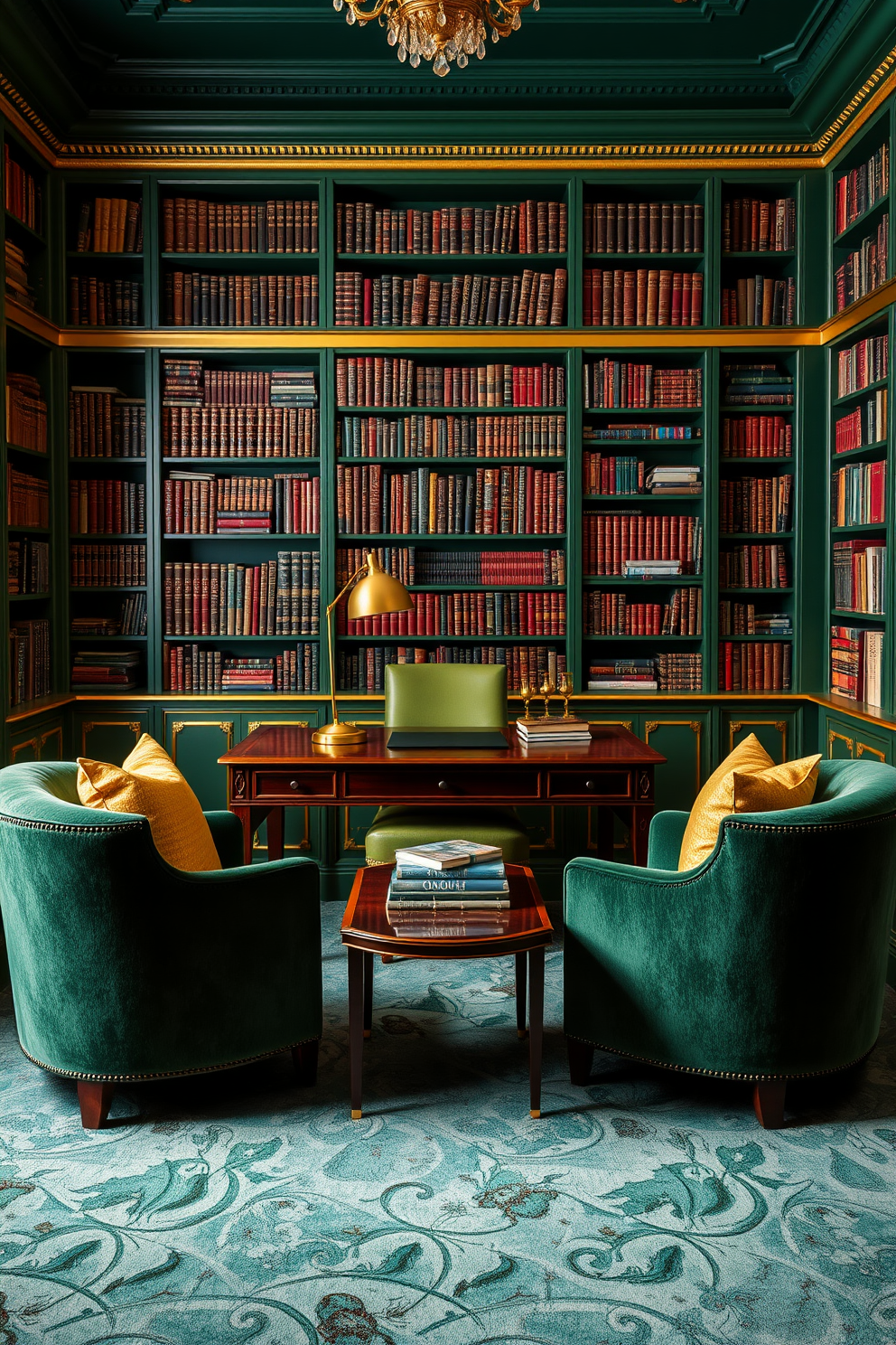 A green study room characterized by elegant gold accents. The walls are painted in a rich emerald green, complemented by a gold-trimmed bookshelf filled with classic literature. A large wooden desk with a sleek gold lamp sits in the center, creating a sophisticated workspace. Plush green armchairs are arranged in a cozy reading nook, adorned with gold throw pillows for added comfort.