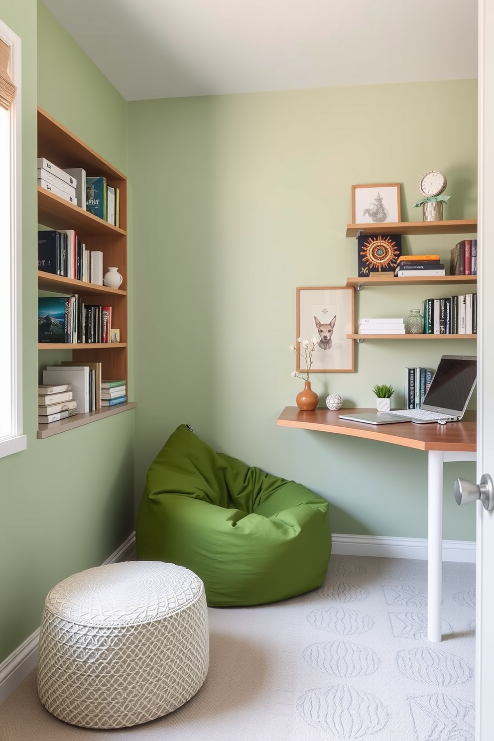 A cozy study corner featuring a green bean bag chair positioned in a well-lit nook. The walls are painted in a soft pastel green, complemented by a sleek wooden desk and shelves filled with books and decorative items.