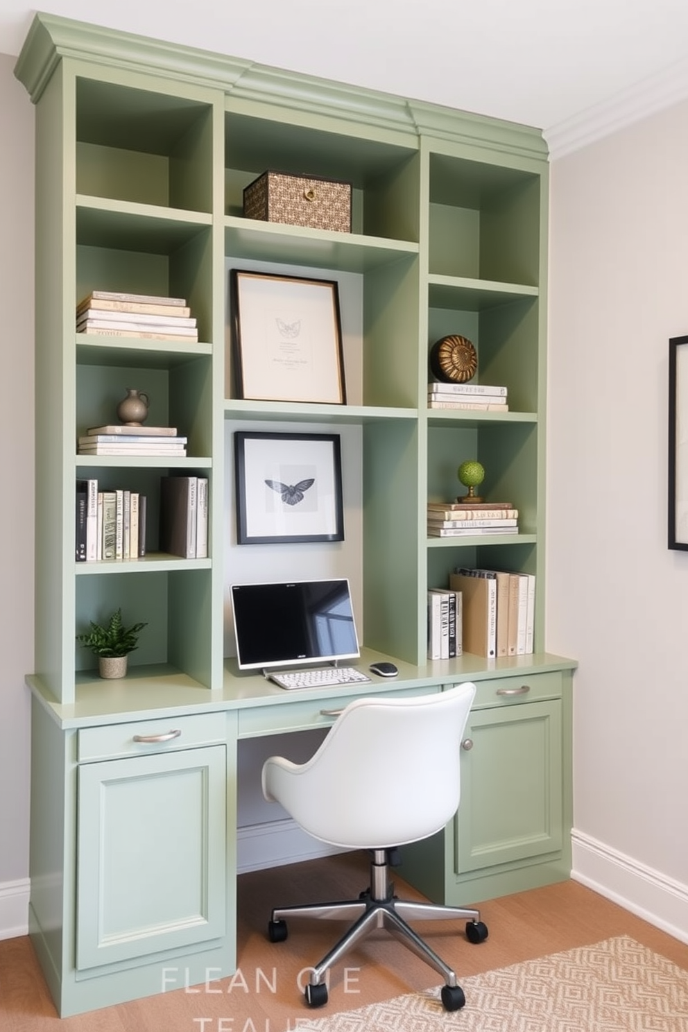 A large wooden desk is positioned against the wall, showcasing a rich grain and elegant design. The study room features deep green walls that create a calming and focused atmosphere, complemented by a plush area rug beneath the desk.