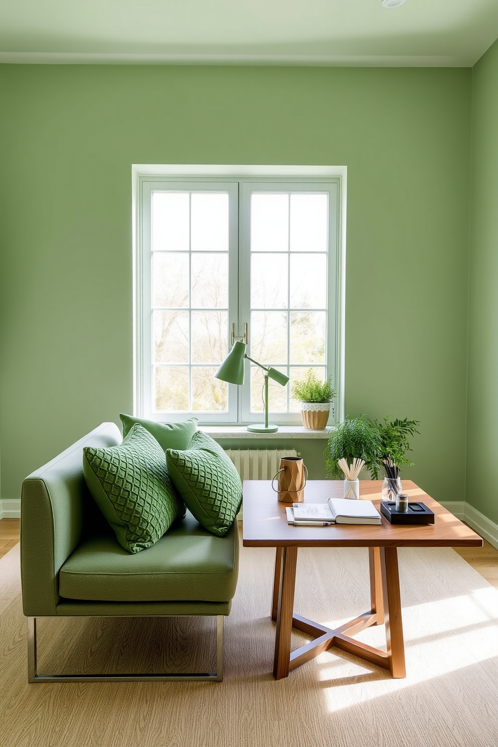 Textured green cushions are arranged on a sleek modern sofa, adding a touch of comfort and style to the space. The walls are painted in a soft pastel green, creating a serene atmosphere ideal for studying. A large wooden desk sits in front of a window, allowing natural light to flood the room. On the desk, a stylish lamp and organized stationery enhance the functionality of this inviting study area.