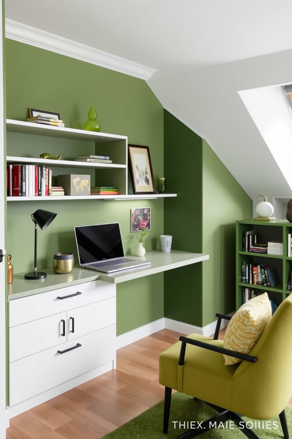 A modern study room featuring a wall-mounted desk with sleek lines and green accents. The walls are painted in a soft green shade, complemented by a cozy armchair and stylish bookshelves filled with vibrant decor.