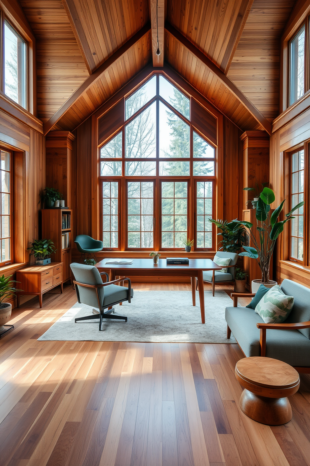 A serene study room featuring a rich green accent wall adorned with gold-framed artwork. A sleek wooden desk sits in front of a large window, complemented by a plush gold chair and a stylish bookshelf filled with books. The floor is covered with a soft cream rug that adds warmth to the space. A small potted plant rests on the desk, while a gold desk lamp provides ample lighting for reading and studying.