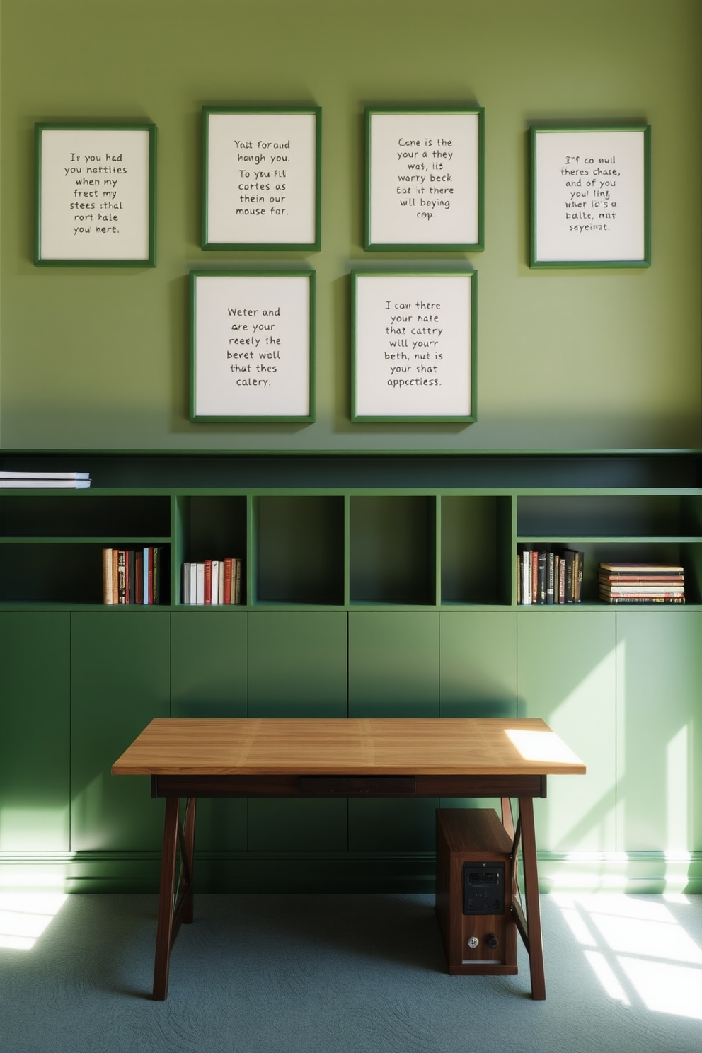 A serene study room bathed in soft green paint creates a calming atmosphere perfect for focus and creativity. A sleek wooden desk sits against one wall, complemented by a comfortable ergonomic chair and a stylish bookshelf filled with curated books and decorative items.