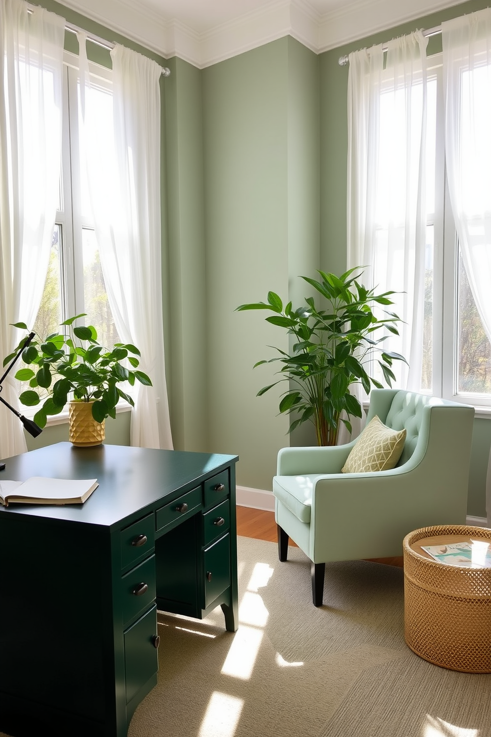 A cozy study room featuring a mix of green shades that create visual interest. The walls are painted in a soft sage green while the furniture includes a dark emerald green desk and a light mint green armchair. Natural light floods the room through large windows adorned with sheer white curtains. A lush indoor plant sits in the corner, adding a touch of freshness to the space.