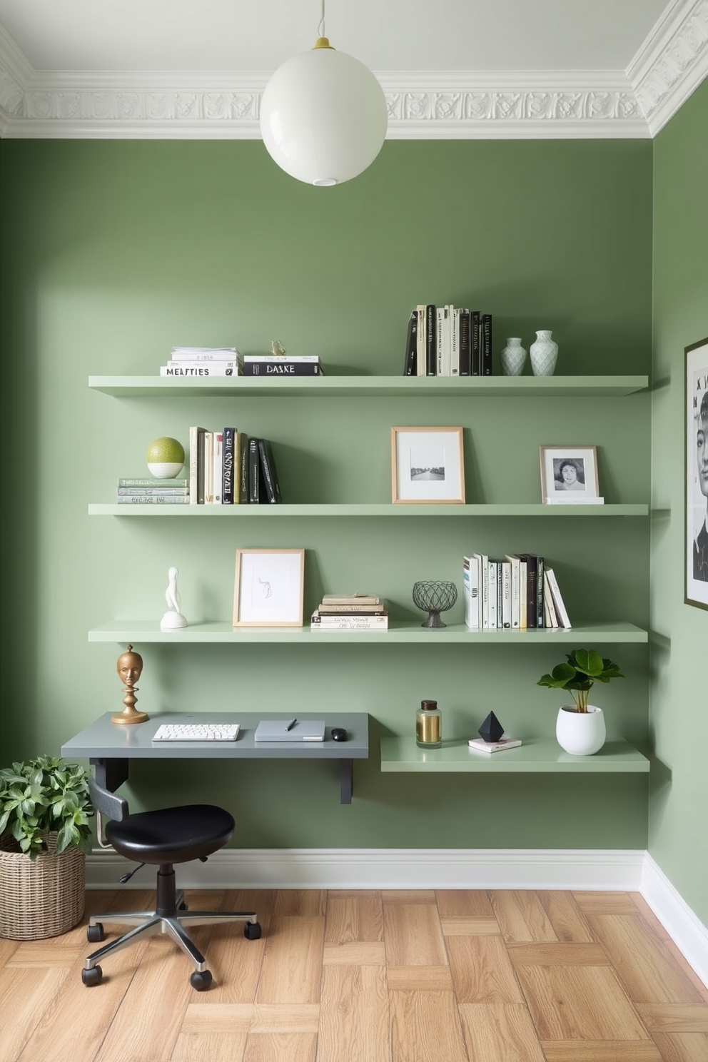 A serene green study room featuring floating shelves in a soft green hue. The shelves are adorned with books and decorative items, creating a calming and organized atmosphere.