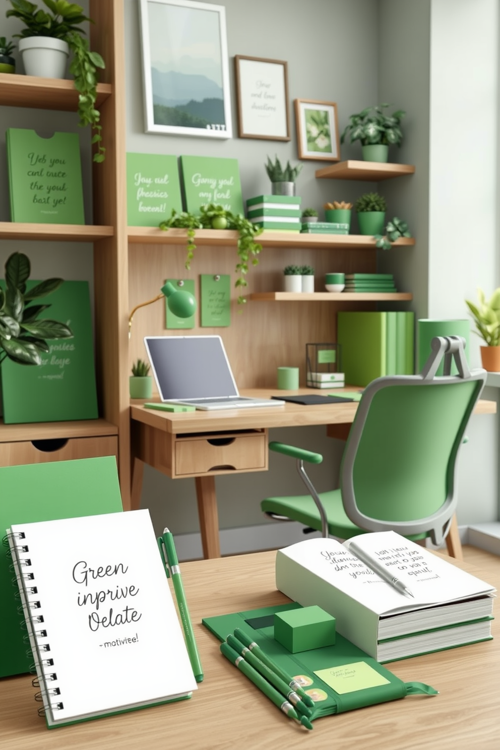 A vibrant green-themed stationery collection designed to inspire creativity and motivation. The set includes notebooks, pens, and sticky notes in various shades of green, all featuring motivational quotes in elegant typography. A cozy study room designed with green accents to promote focus and tranquility. The room features a sleek wooden desk, a comfortable ergonomic chair, and shelves adorned with plants and green decor elements.