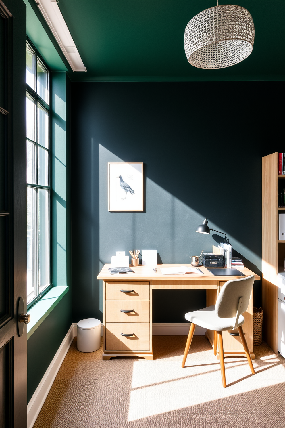 A cozy study room featuring a chalkboard wall painted in dark green. The space is filled with natural light from a large window, and a wooden desk sits against the wall, adorned with stylish stationery and a comfortable chair.