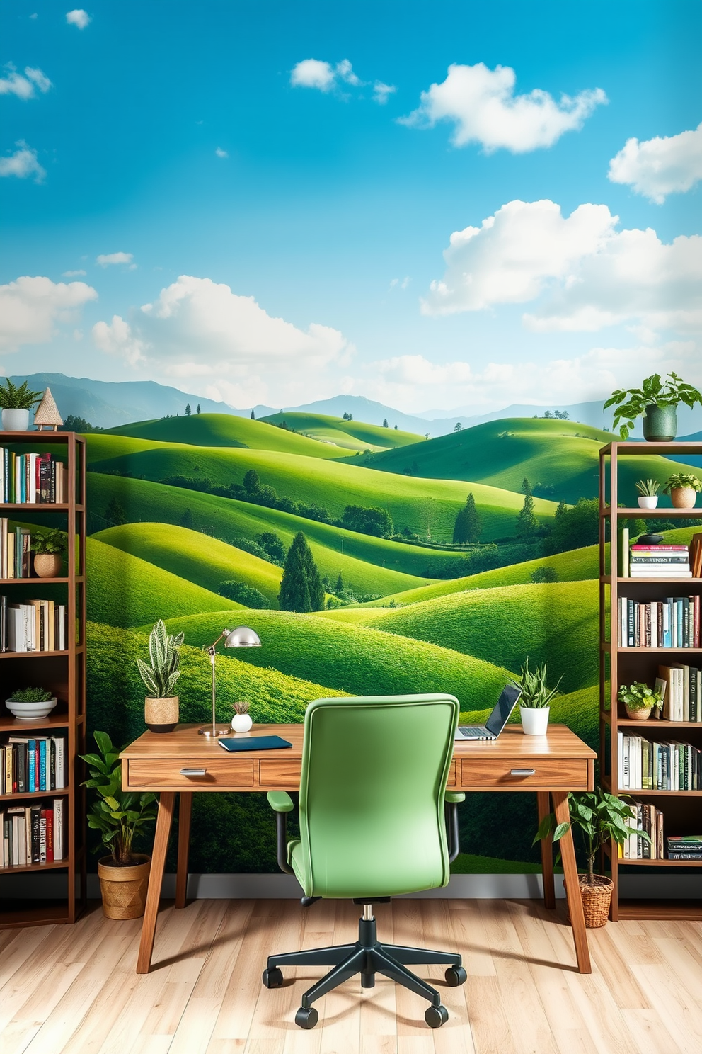 Artistic mural featuring green landscapes. The mural showcases rolling hills under a bright blue sky, dotted with trees and wildflowers. Green Study Room Design Ideas. The room features a large wooden desk with a comfortable ergonomic chair, surrounded by shelves filled with books and decorative plants.