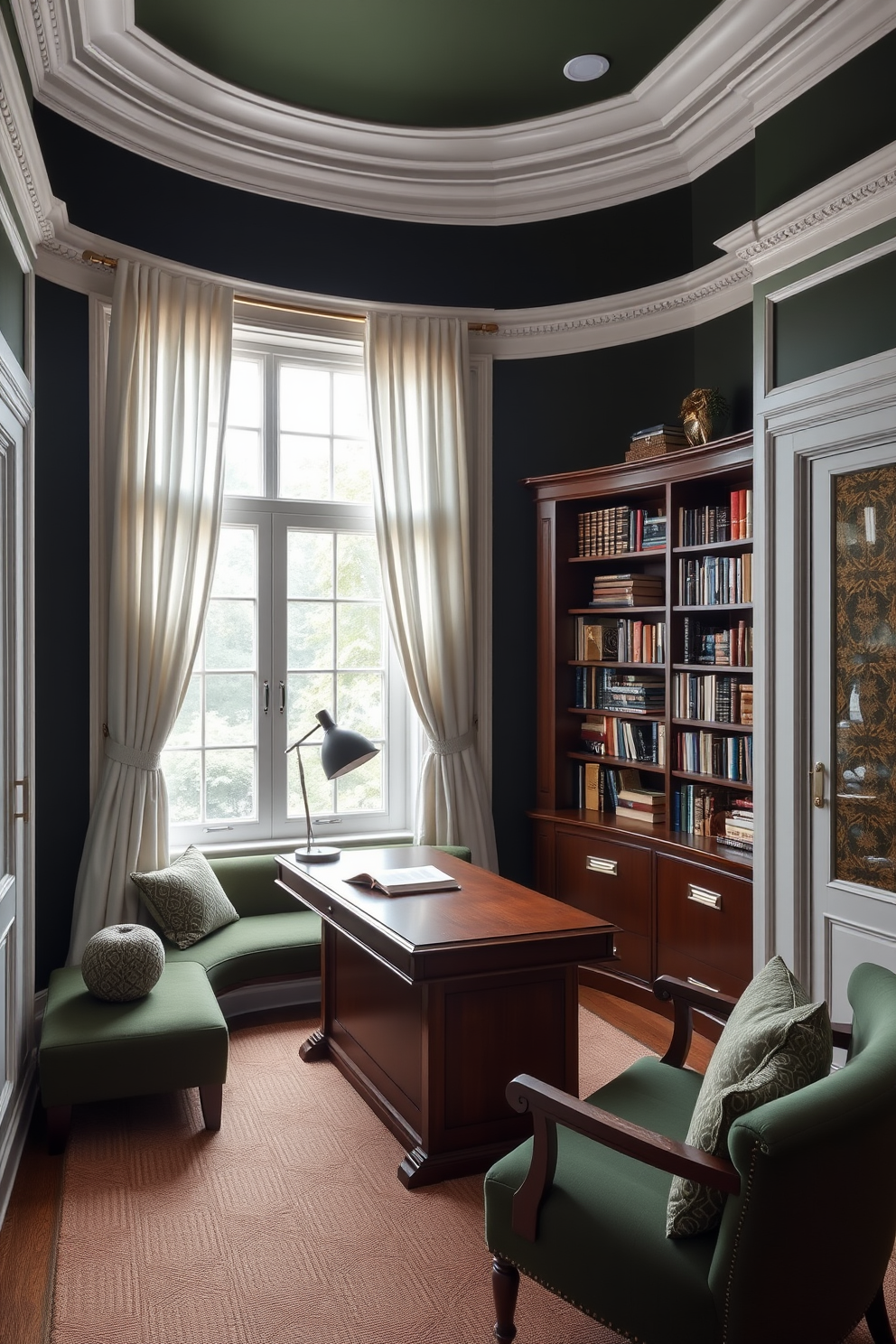 A bright and inviting study room with walls painted in a soft neutral tone. Shelves adorned with vibrant green accents, including books and decorative items, create a lively atmosphere. A comfortable desk positioned near a window allows for natural light to flood the space. A cozy chair in a complementary color invites long study sessions while adding to the room's charm.