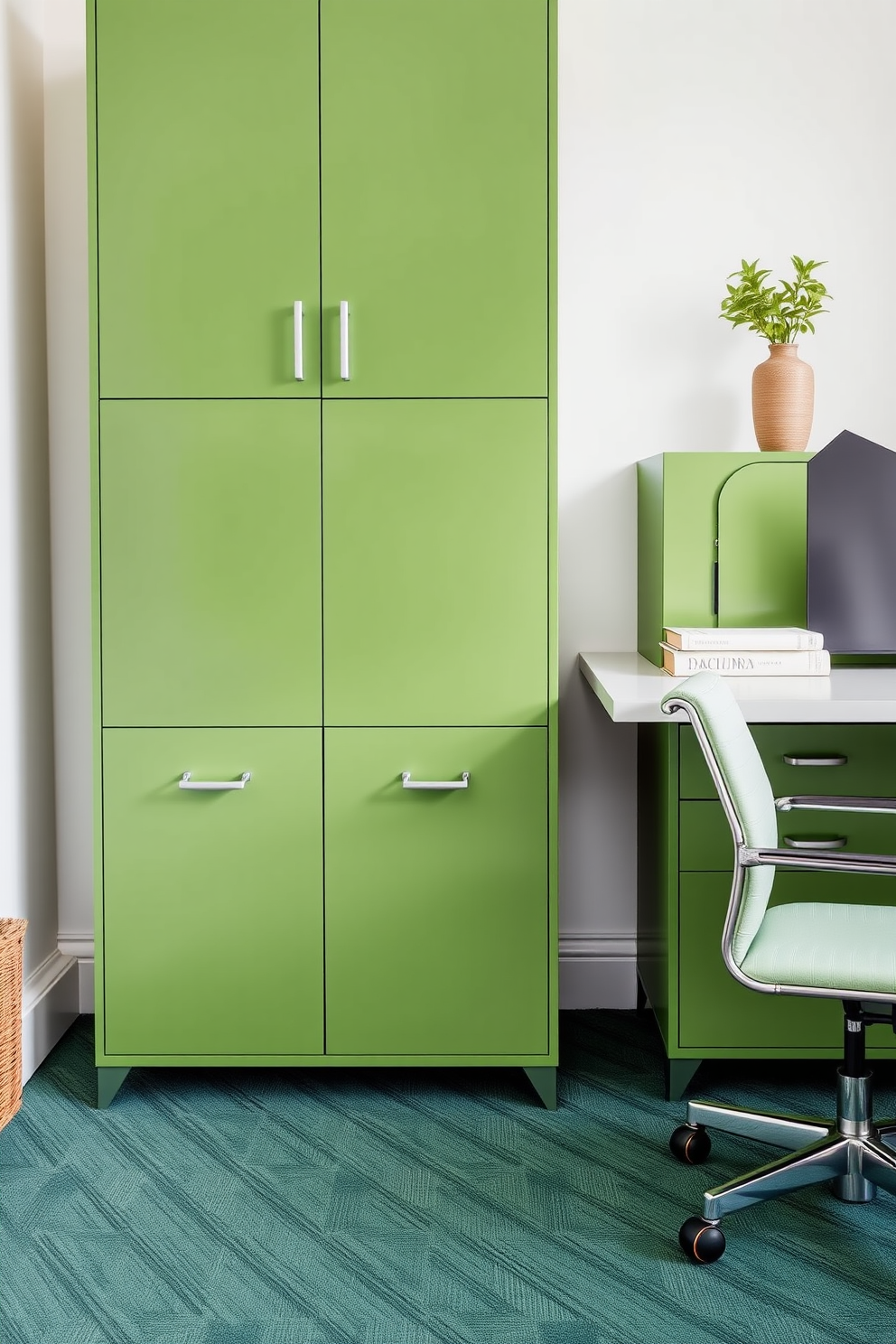 Textured green wall panels create a sense of depth and warmth in the study room. The space features a sleek wooden desk paired with an ergonomic chair, complemented by a stylish bookshelf filled with books and decorative items.