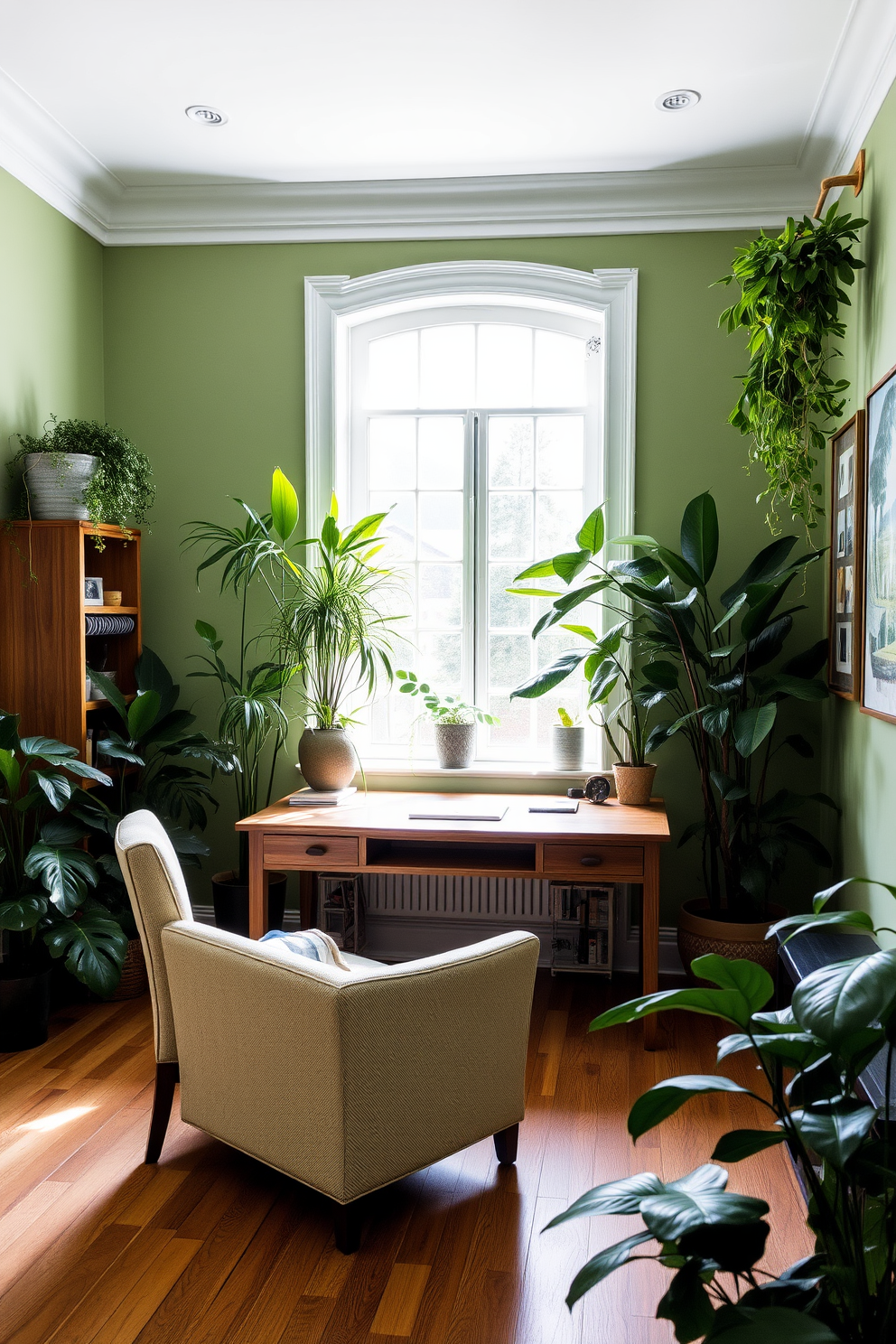 A serene study space filled with lush greenery. The walls are painted in a soft green hue, and various plants are strategically placed around the room to create a refreshing atmosphere. A large wooden desk sits in front of a window, allowing natural light to flood the space. Comfortable seating is provided by a stylish armchair upholstered in a light fabric, complementing the overall design.