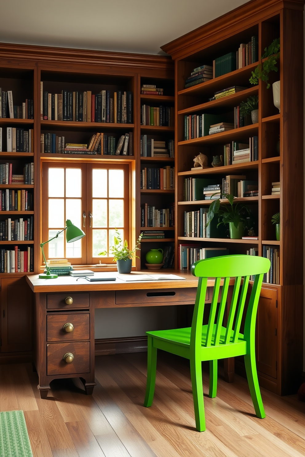 A rustic wooden desk is positioned against a wall adorned with bookshelves filled with various books and decorative items. A vibrant green chair complements the desk, adding a pop of color to the warm wood tones of the room. The walls are painted in a soft beige, creating a cozy atmosphere that enhances productivity. Natural light streams in through a large window, illuminating the space and highlighting the green accents throughout the room.