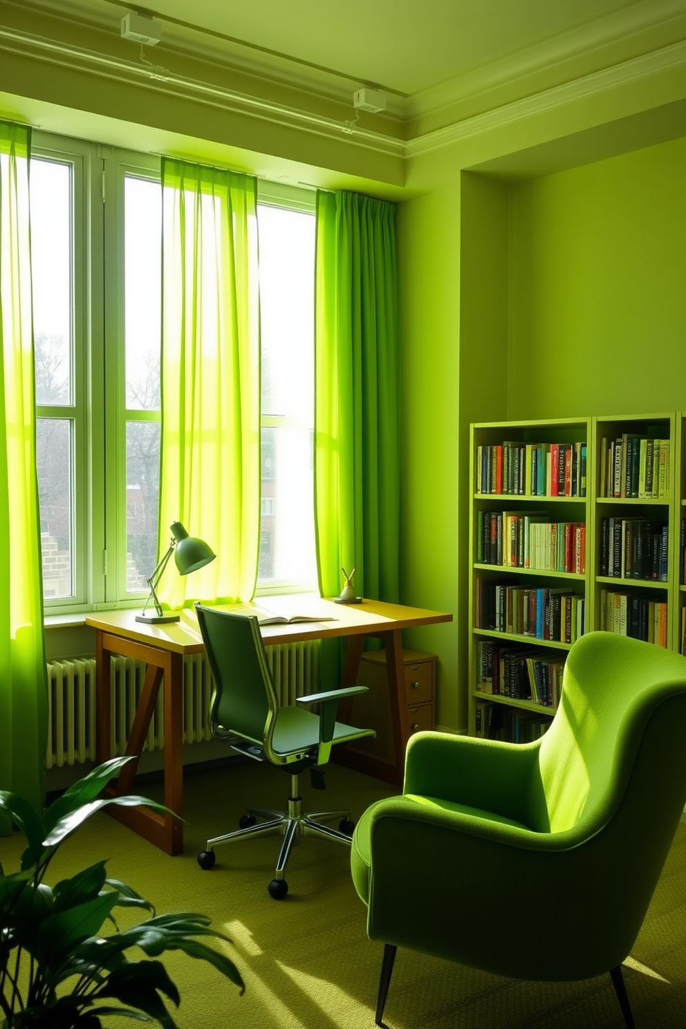 A bright green study room filled with natural light. The room features large windows adorned with bright green curtains that gently filter the sunlight. There is a sleek wooden desk positioned near the window, complemented by an ergonomic chair. Shelves filled with books line the walls, and a cozy reading nook with a plush chair adds warmth to the space.