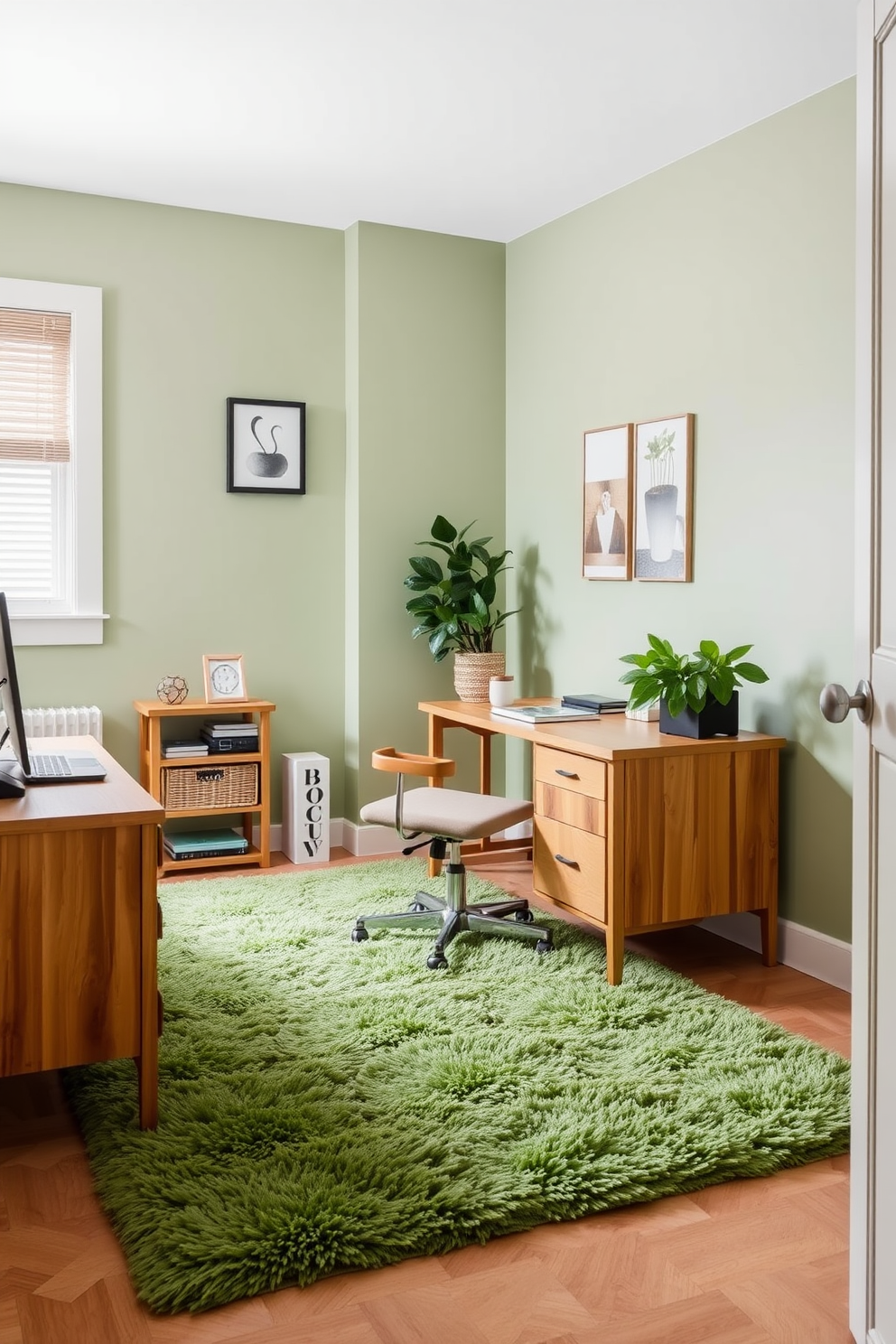 A cozy study room featuring a soft green rug that adds comfort and warmth to the space. The walls are painted in a light green hue, complemented by a stylish wooden desk and a comfortable chair, creating an inviting atmosphere for productivity.