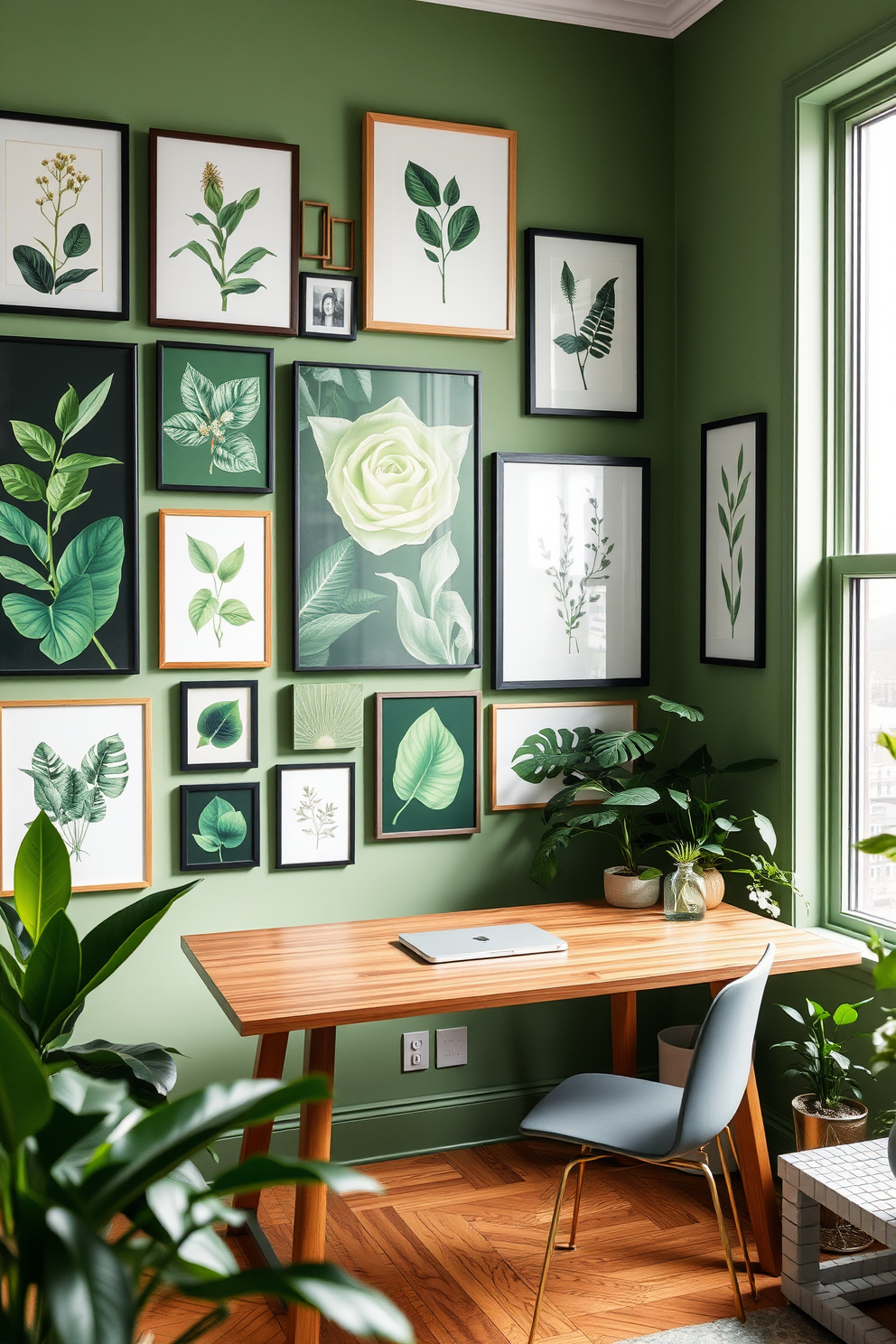 A gallery wall featuring an array of green-themed art pieces creates a vibrant focal point in the room. The artwork includes botanical prints, abstract pieces, and framed photographs, all harmonizing in shades of green. The study room is designed with a calming green palette that promotes focus and creativity. A sleek wooden desk is positioned near a large window, allowing natural light to illuminate the space while surrounded by lush indoor plants.