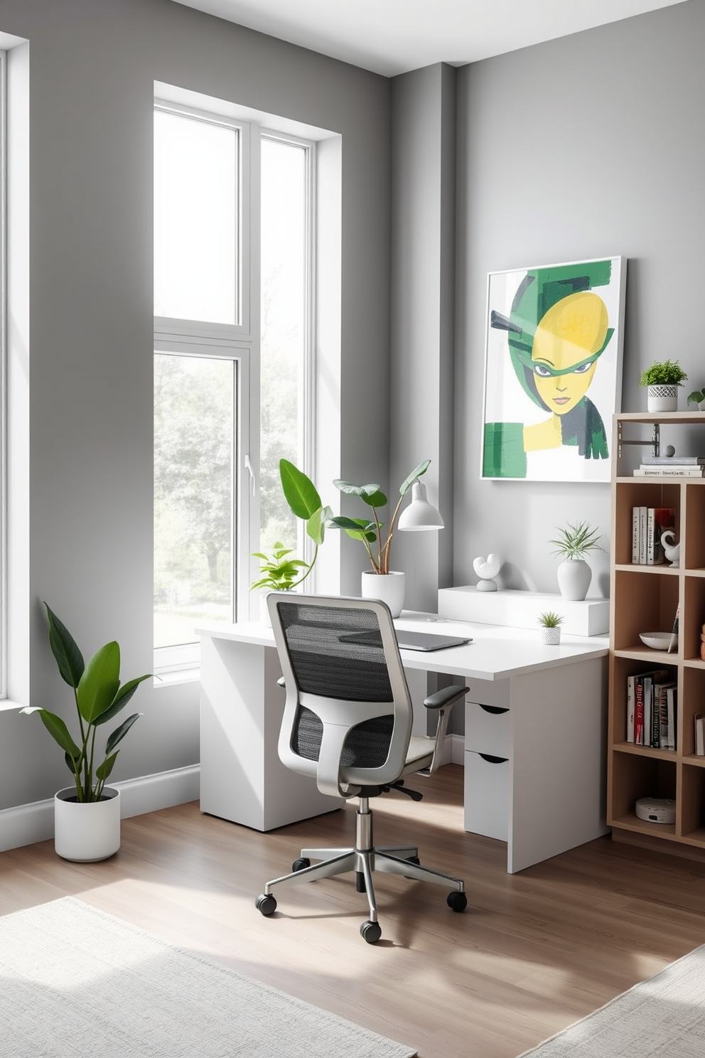 A minimalist study room featuring a sleek white desk with clean lines and a comfortable ergonomic chair. The walls are painted in a soft gray tone, enhanced by green decor accents such as potted plants and a vibrant abstract artwork. Natural light floods the space through large windows, highlighting the simplicity of the design. A minimalist bookshelf with a few curated books and decorative items completes the serene atmosphere.