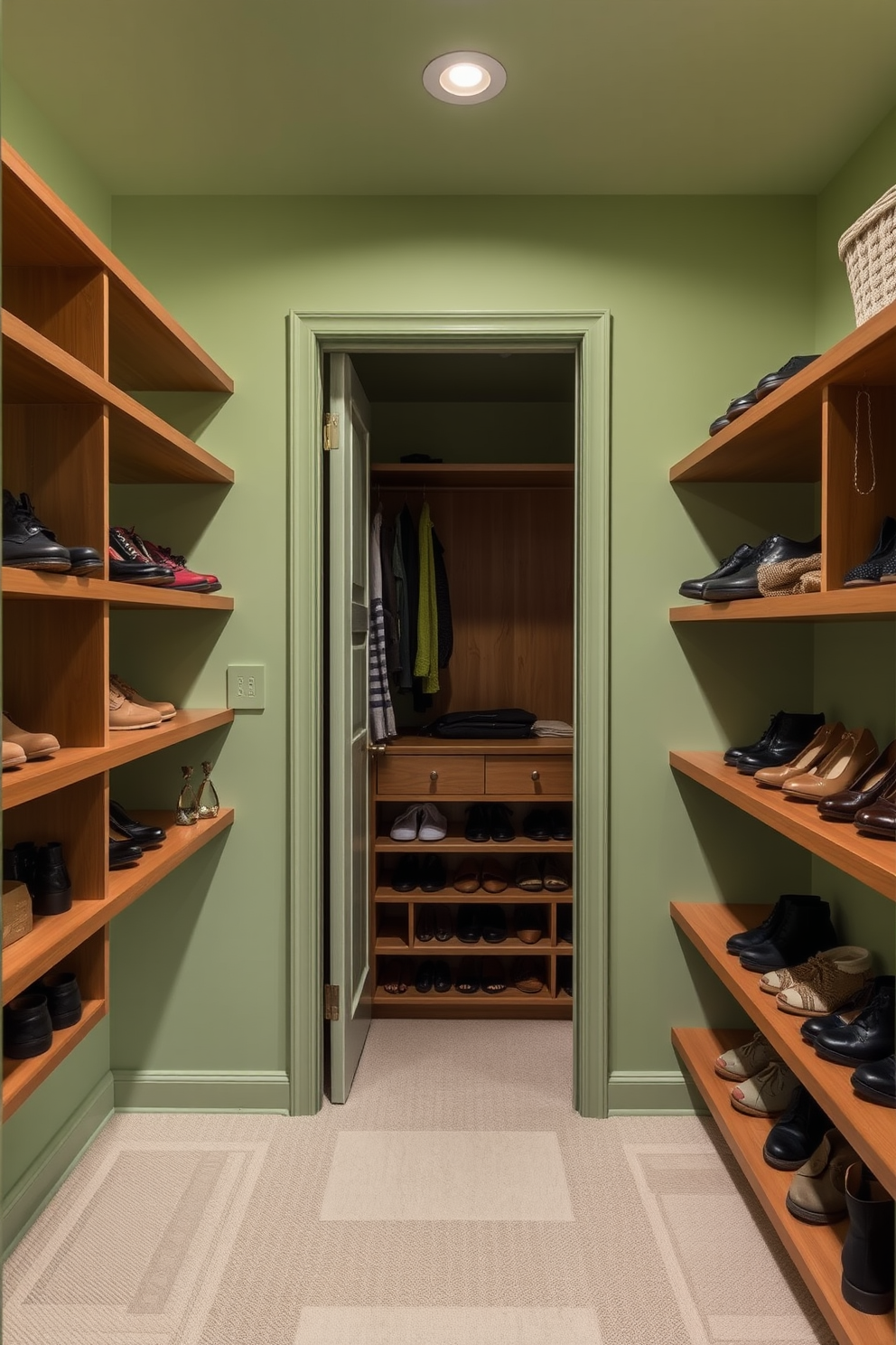 A serene walk-in closet with light green walls that create a calming atmosphere. Wooden shelves are neatly arranged to display shoes and accessories, enhancing the natural feel of the space.