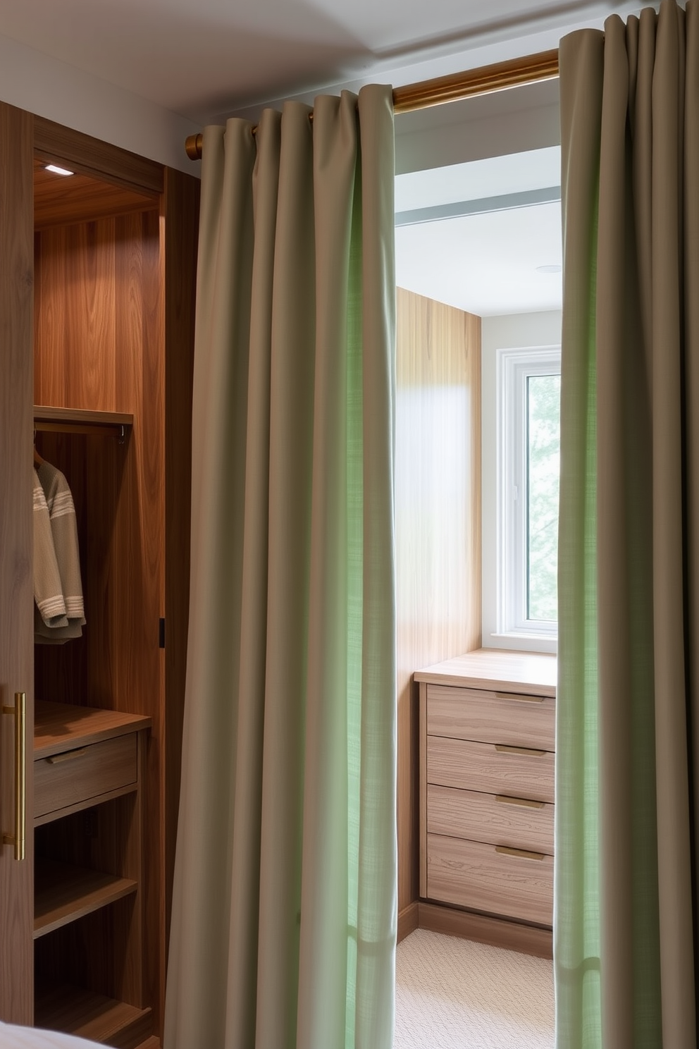 Soft sage green curtains drape elegantly from a polished wooden rod, providing privacy while allowing soft natural light to filter through. The fabric has a subtle texture, enhancing the serene atmosphere of the space. The walk-in closet features custom shelving and hanging space, maximizing storage while maintaining a clean aesthetic. Soft LED lighting illuminates the area, highlighting the rich wood tones and the calming sage green accents throughout.