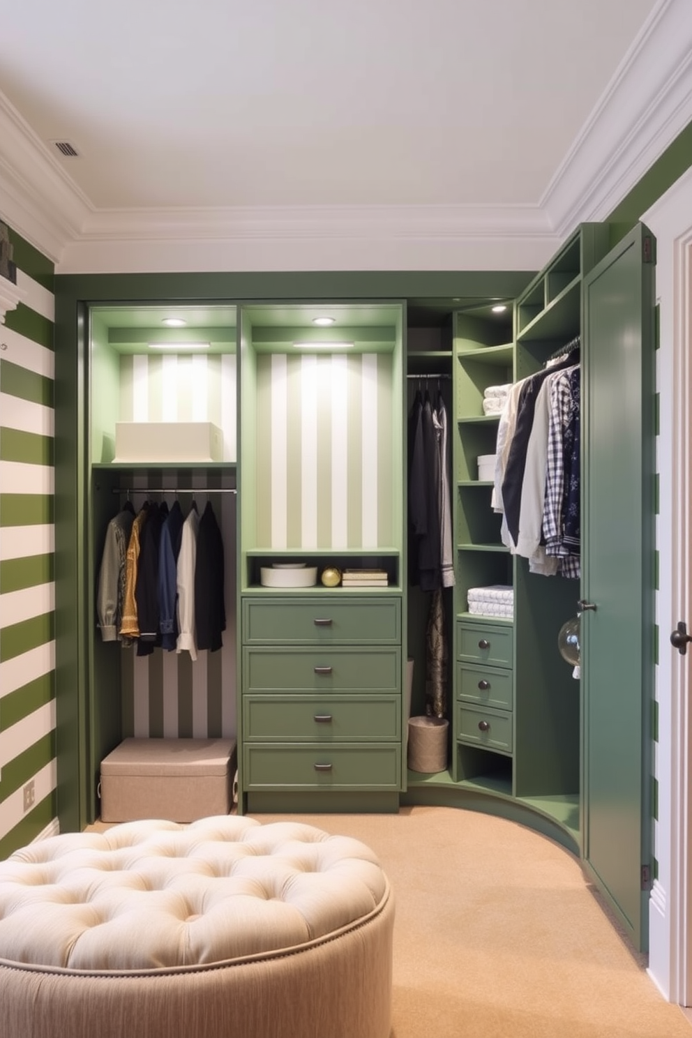 A chic and modern green and white striped wallpaper design. The stripes are of varying widths, creating a playful yet elegant atmosphere in the room. A spacious green walk-in closet featuring custom shelving and hanging space. Soft lighting highlights the organized sections, while a plush ottoman adds a touch of comfort.