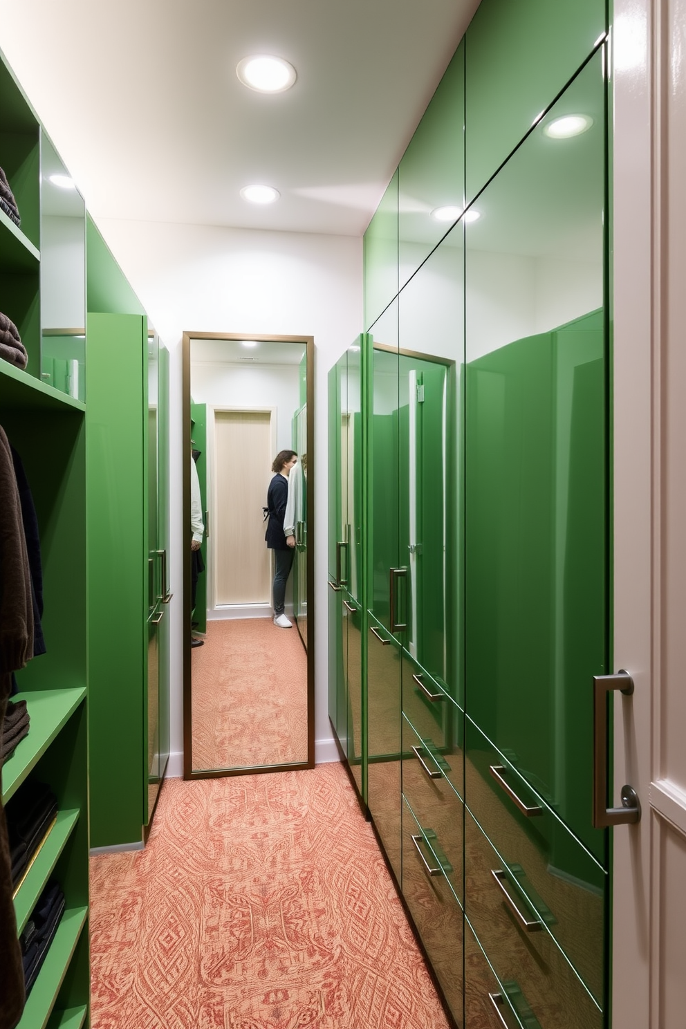 Create a modern walk-in closet featuring glossy green cabinets that reflect light and enhance the sense of space. Include sleek shelving, a full-length mirror, and soft ambient lighting to create an inviting atmosphere.