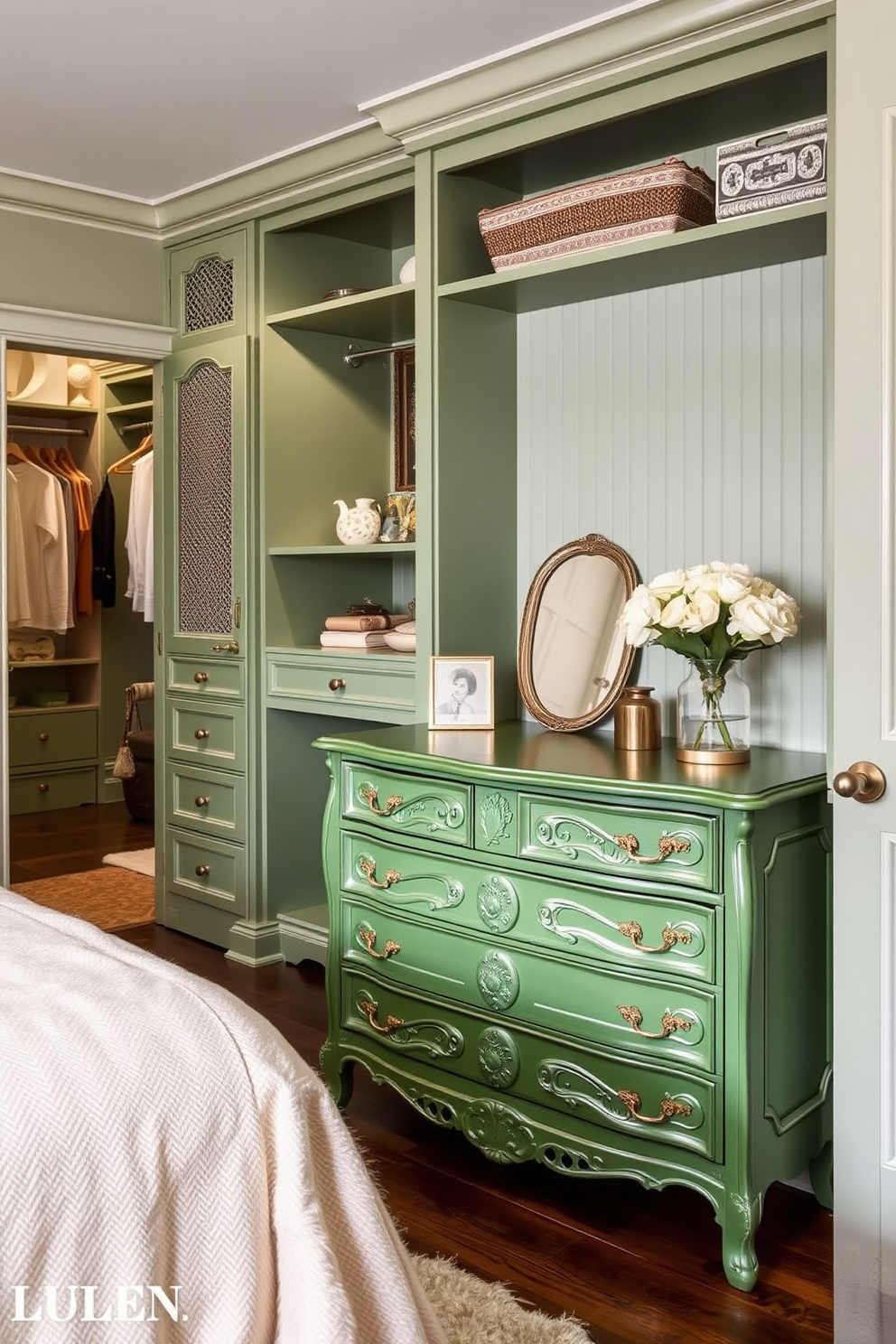 A luxurious walk-in closet featuring matte green paint on the closet doors creates a serene and stylish atmosphere. The space is adorned with elegant shelving and soft lighting, showcasing a well-organized collection of shoes and accessories.