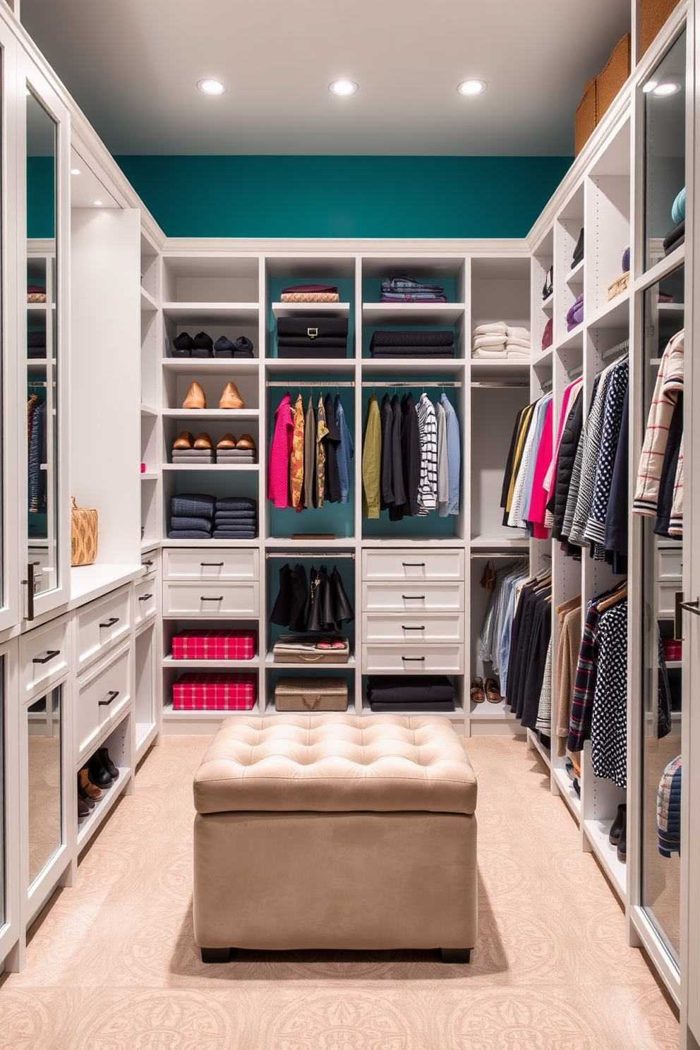 A stylish walk-in closet featuring a teal accent wall that adds a pop of color and vibrancy. The space is illuminated with bright lighting, highlighting the organized shelves and hanging areas. Incorporate a central island with drawers for accessories and a plush ottoman for comfort. The closet is designed with a mix of open shelving and closed cabinetry to enhance both functionality and aesthetics.