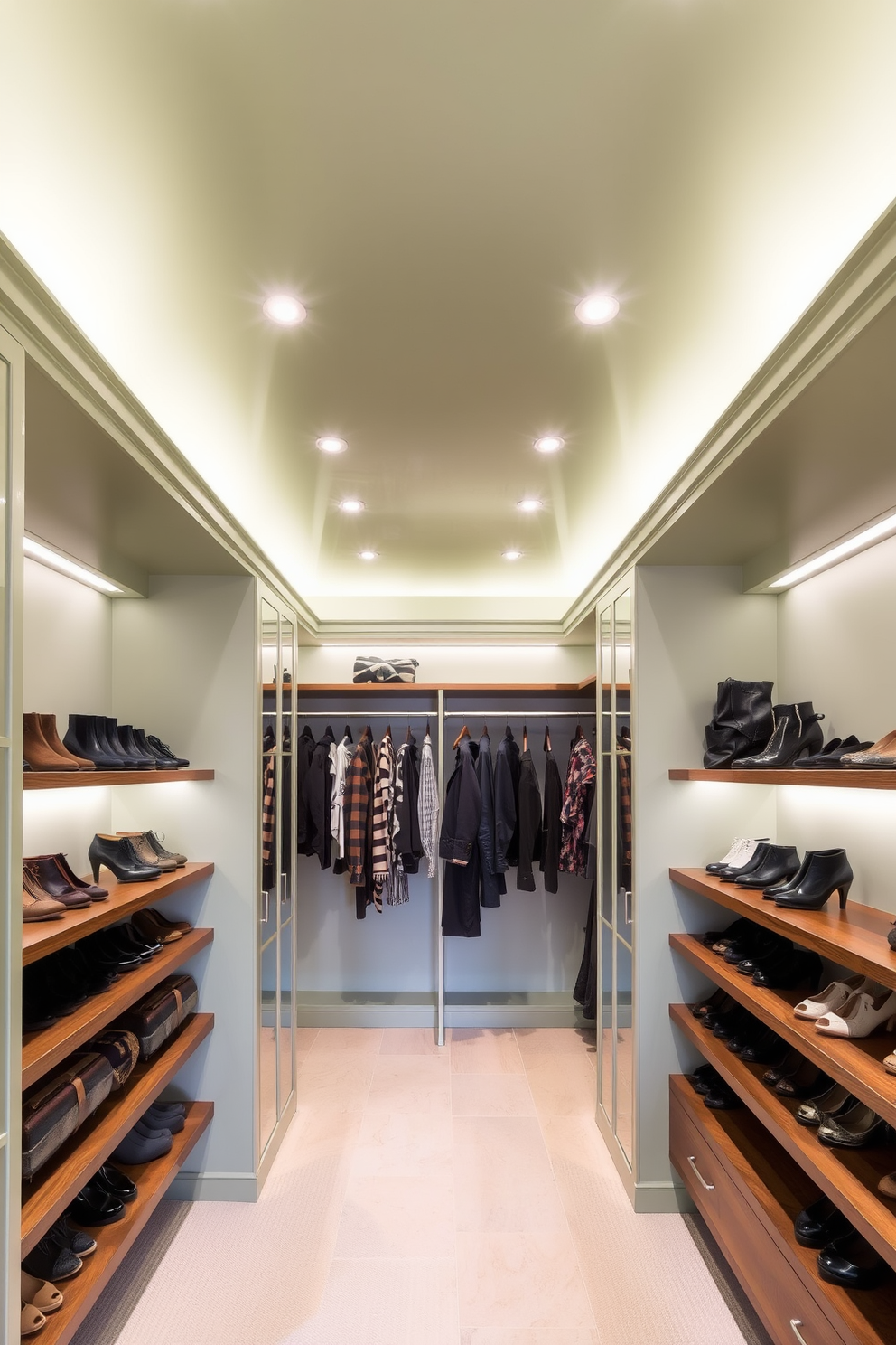 A pale green ceiling adorned with recessed lights creates a serene ambiance in the walk-in closet. The walls are lined with elegant wooden shelves, showcasing a curated collection of shoes and accessories.