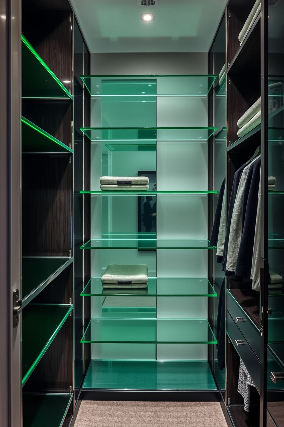 A chic walk-in closet featuring green glass shelves that add a modern and sophisticated touch. The space is illuminated with soft lighting, highlighting the elegant design and providing a luxurious atmosphere.