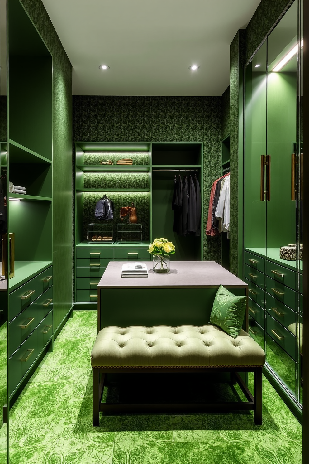 Textured green wallpaper adds a rich layer of depth to the space, creating an inviting atmosphere. The walk-in closet features custom shelving and elegant lighting that highlights the lush green tones. The design includes a center island with soft close drawers for accessories and a plush seating area for comfort. Mirrored accents enhance the sense of space while maintaining a sophisticated aesthetic.