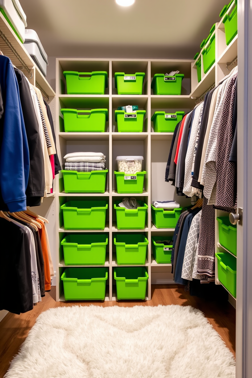 Bright green bins are strategically placed throughout the walk-in closet to enhance organization and accessibility. The closet features ample shelving and hanging space, all designed with a modern aesthetic that complements the vibrant green accents. Soft lighting illuminates the space, creating a welcoming atmosphere while highlighting the neatly arranged bins. A plush area rug adds comfort underfoot, making the closet not just functional but also a stylish retreat.