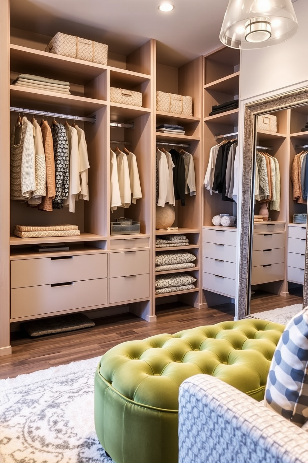 A cozy seating area features a moss green ottoman that complements the surrounding decor. The ottoman is paired with a plush area rug and accented by decorative pillows in coordinating colors. The walk-in closet design showcases a spacious layout with custom shelving and hanging options. Soft lighting illuminates the space, highlighting the elegant storage solutions and a stylish full-length mirror.