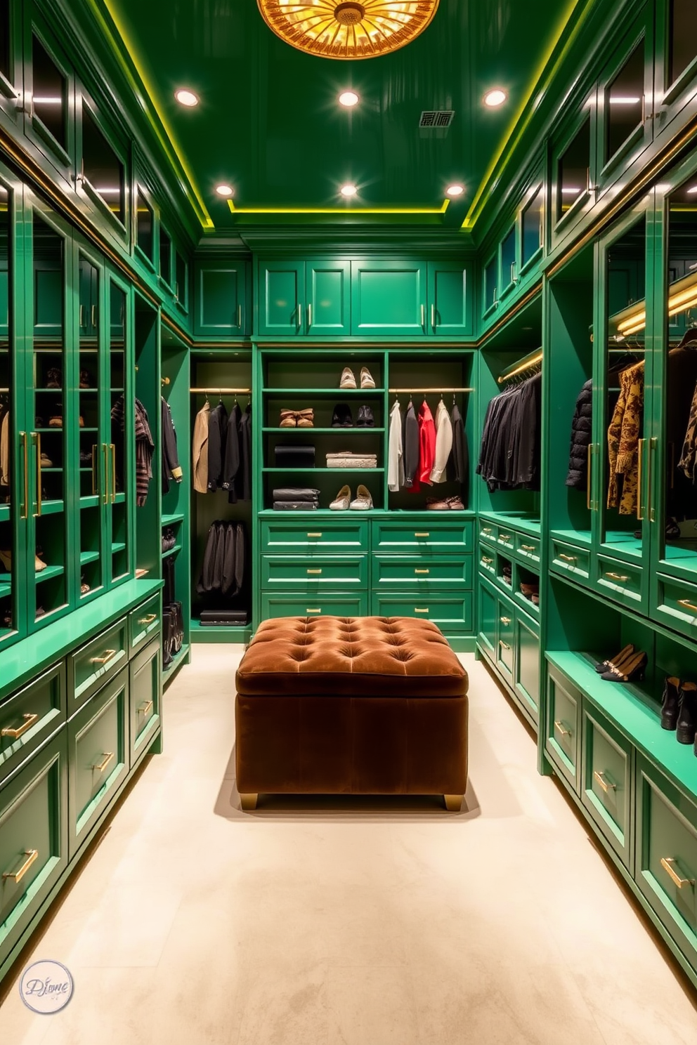 A luxurious walk-in closet featuring soft sage green walls adorned with elegant gold accents. The space is designed with custom shelving and hanging rods, creating an organized yet stylish environment for clothing and accessories.