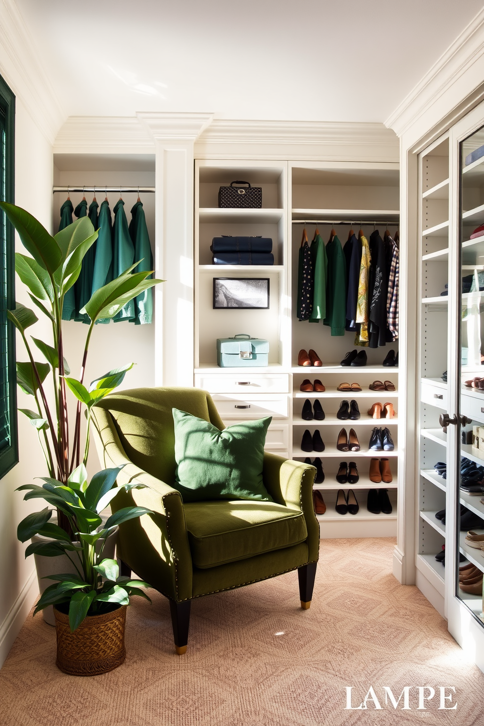 A cozy forest green accent chair is positioned in a sunlit corner of the room, inviting relaxation with its plush cushions and elegant design. Surrounding the chair are potted plants that add a touch of nature, enhancing the serene atmosphere of the space. The walk-in closet features custom shelving and hanging space, designed in a soft white finish that complements the rich forest green accents. Ample lighting illuminates the area, showcasing a stylish arrangement of shoes and accessories while maintaining a sense of organization and elegance.