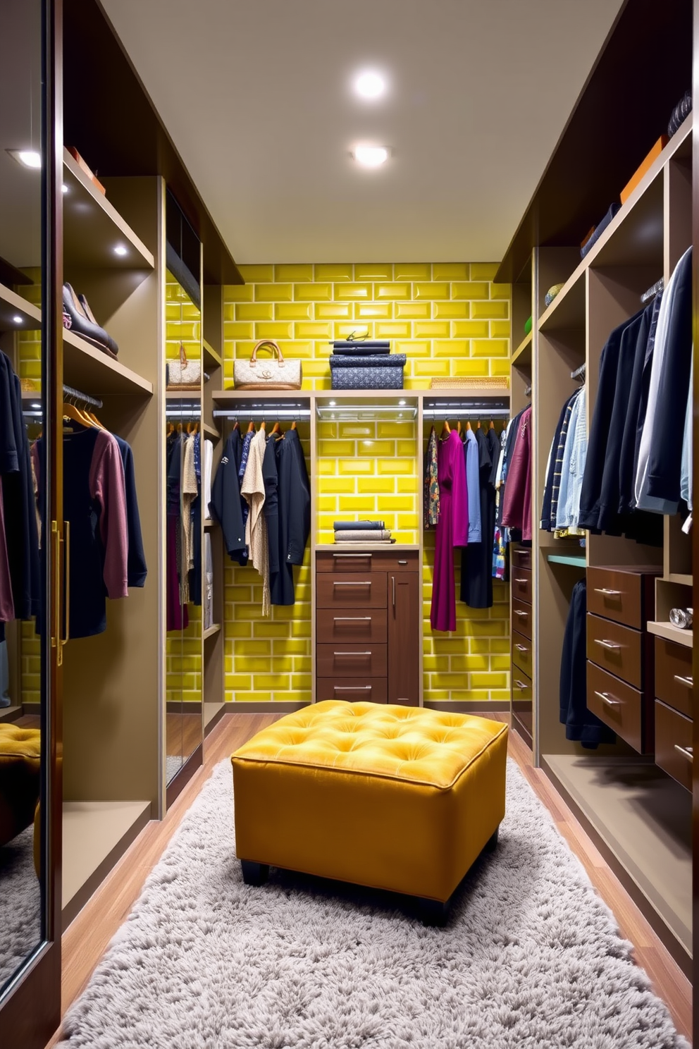 A striking chartreuse color block feature wall serves as the focal point of the walk-in closet, creating a vibrant and modern atmosphere. The closet is spacious and well-organized, featuring custom shelving and hanging space for clothing and accessories. Soft lighting illuminates the area, highlighting the elegant finishes and textures of the closet design. A plush area rug adds comfort underfoot, while a stylish ottoman provides a convenient seating option for dressing.