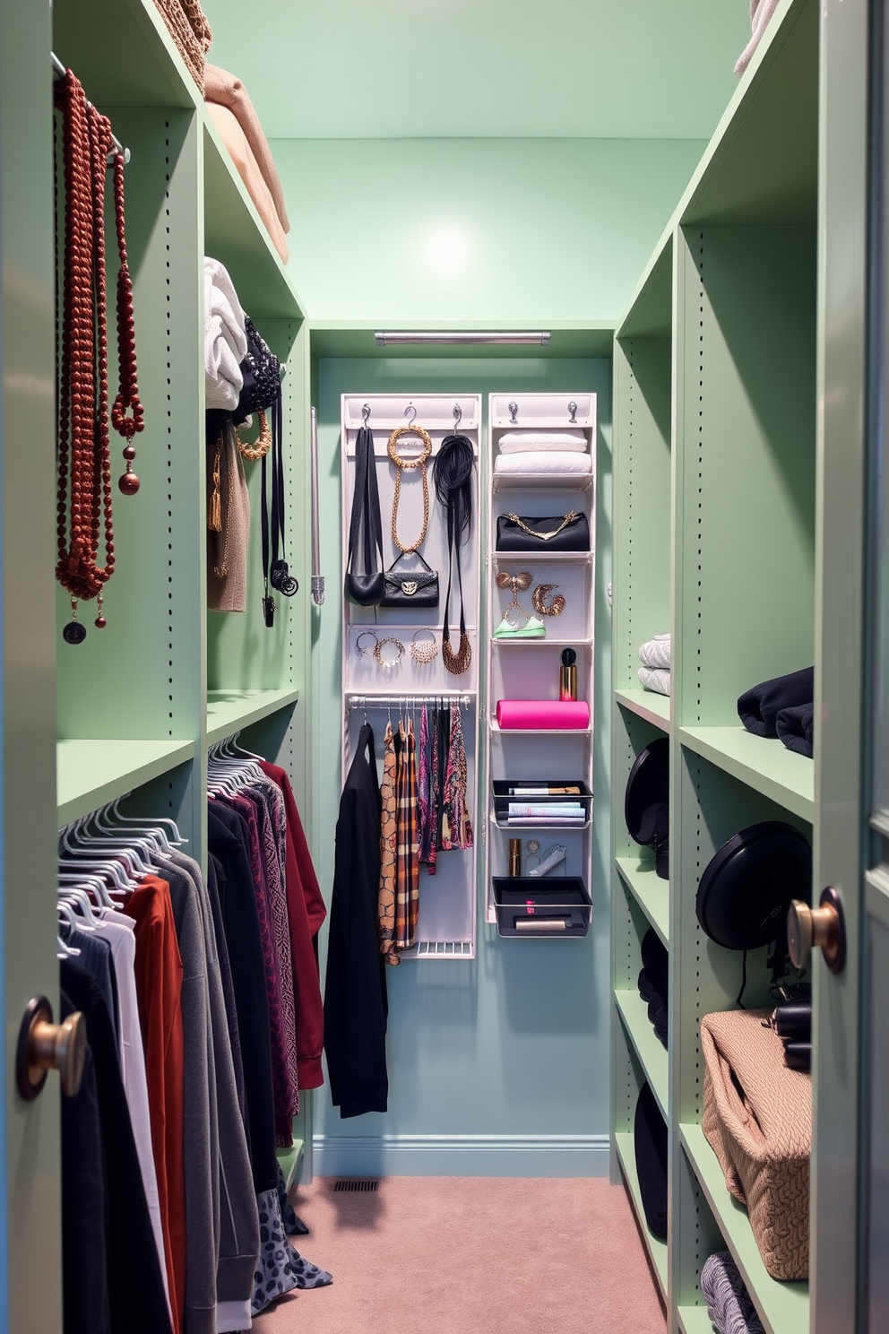 A light green walk-in closet features hanging organizers designed for accessories, providing a stylish and functional storage solution. The space is illuminated by soft lighting, enhancing the serene atmosphere and making it easy to find and display personal items.