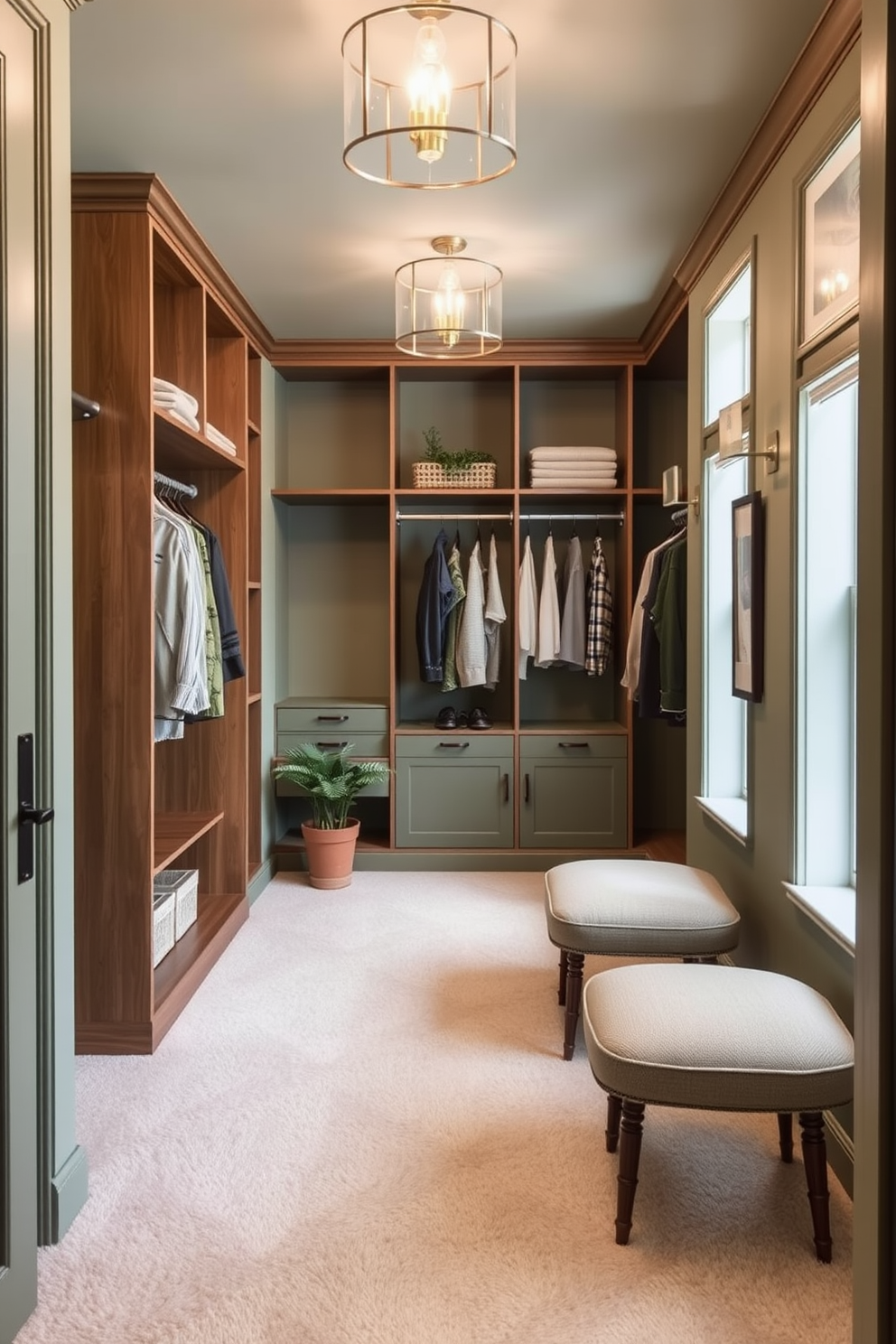 A serene walk-in closet featuring muted green tones that create a calming atmosphere. The walls are adorned with soft green paint, complemented by elegant wooden shelving and hanging space for clothing. The floor is covered in a plush cream carpet that adds warmth and comfort. Stylish lighting fixtures illuminate the space, while decorative elements like potted plants and a cozy seating area enhance the overall tranquility.