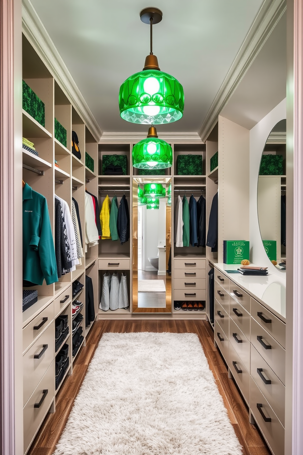 A modern walk-in closet featuring elegant green pendant lights that provide stylish illumination. The space is designed with custom shelving and hanging areas, complemented by a plush area rug and a full-length mirror. The walls are painted in a soft neutral tone to enhance the vibrant green accents. Ample storage solutions are integrated, including drawers and shoe racks, creating an organized and visually appealing environment.