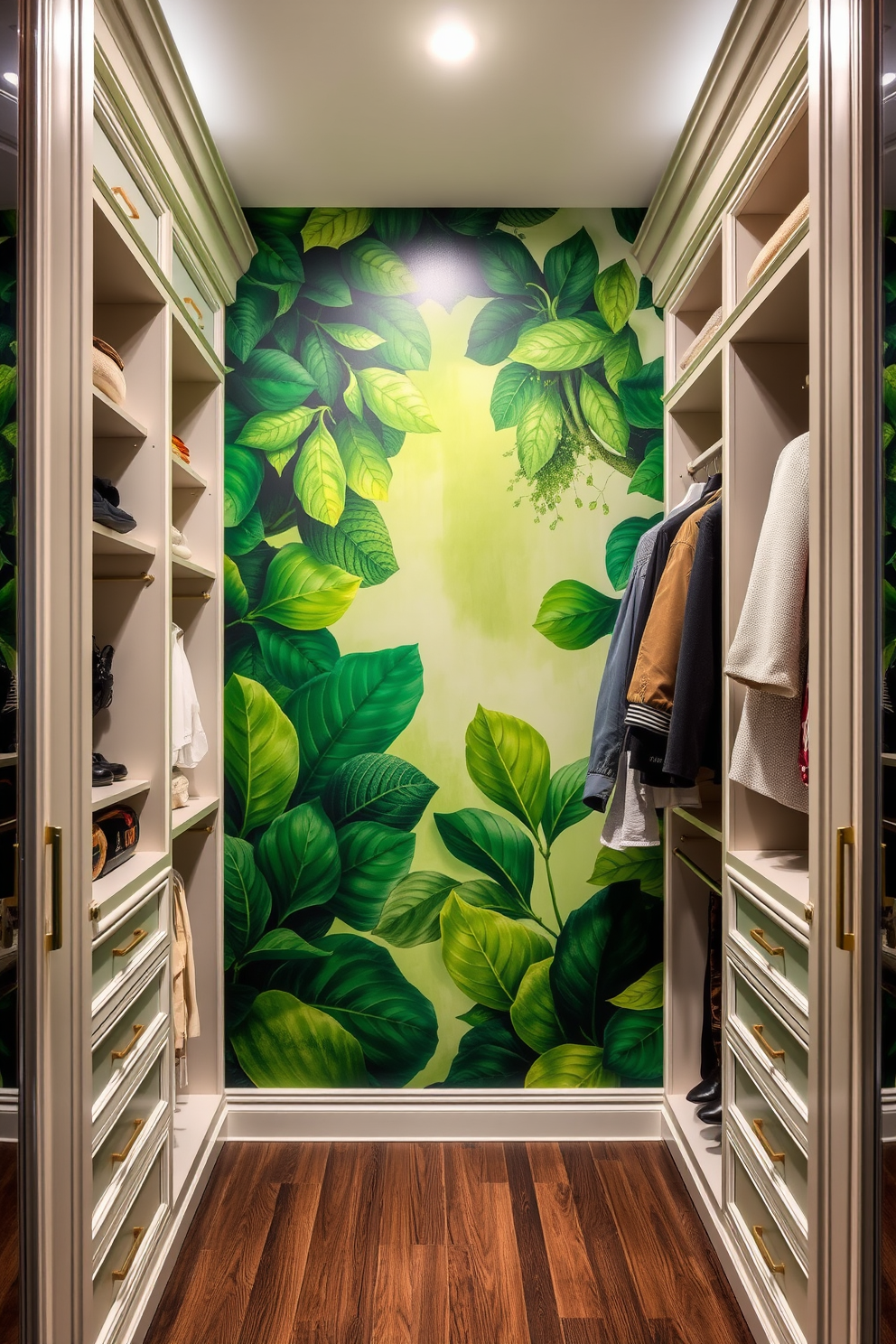 Artistic green mural that serves as a stunning focal point in a luxurious walk-in closet. The space is filled with elegant shelving and hanging options, accentuated by soft lighting that enhances the vibrant colors of the mural.