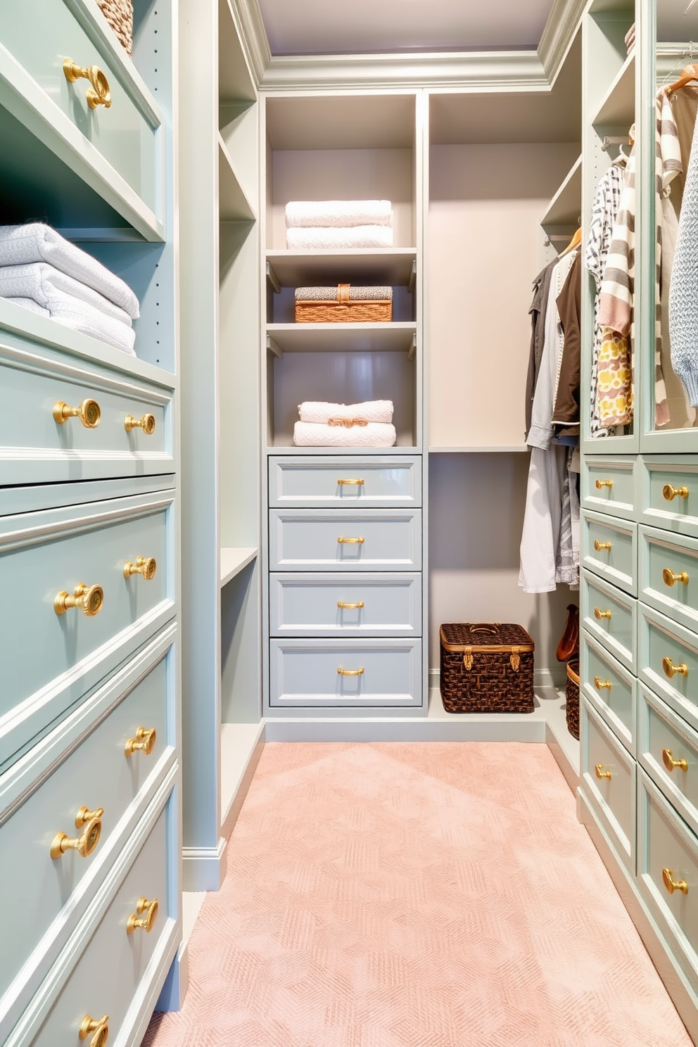 A stylish walk-in closet featuring seafoam green drawers adorned with elegant brass handles. The space is organized with a mix of open shelving and hanging rods, creating a functional yet aesthetically pleasing environment.