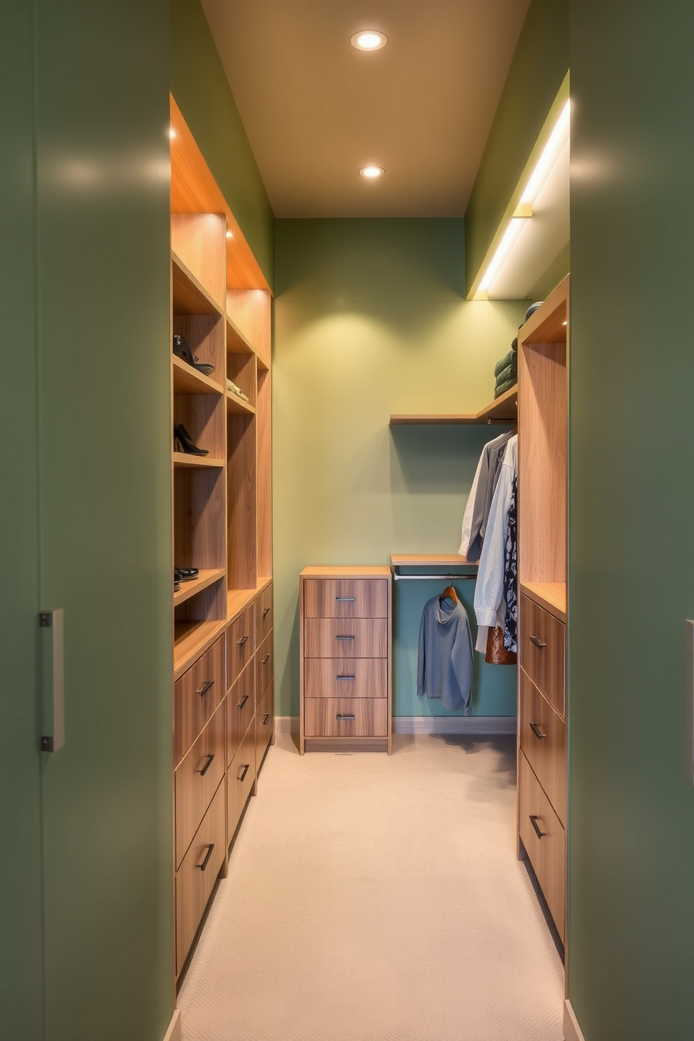 A serene walk-in closet featuring soft green walls complemented by natural wooden shelving and cabinetry. The space is illuminated by warm lighting, creating a cozy atmosphere while showcasing elegant storage solutions for clothing and accessories.