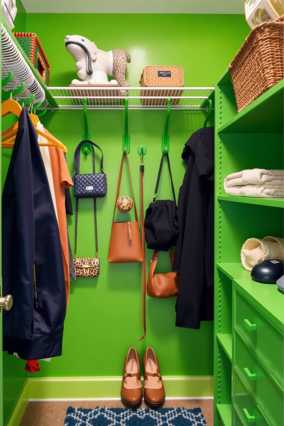 Create a bright green walk-in closet featuring functional decor elements. Include bright green hooks on the walls for hanging accessories and clothing, enhancing both style and organization.