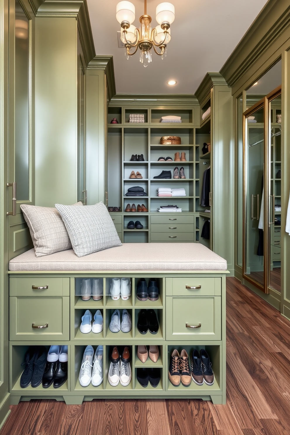 A stylish olive green shoe storage unit with a comfortable seating area on top. The unit features multiple compartments for organizing shoes and is complemented by soft cushions in a neutral fabric. A spacious walk-in closet designed in a fresh green palette. The closet includes custom shelving, elegant lighting fixtures, and a full-length mirror to enhance the overall aesthetic.