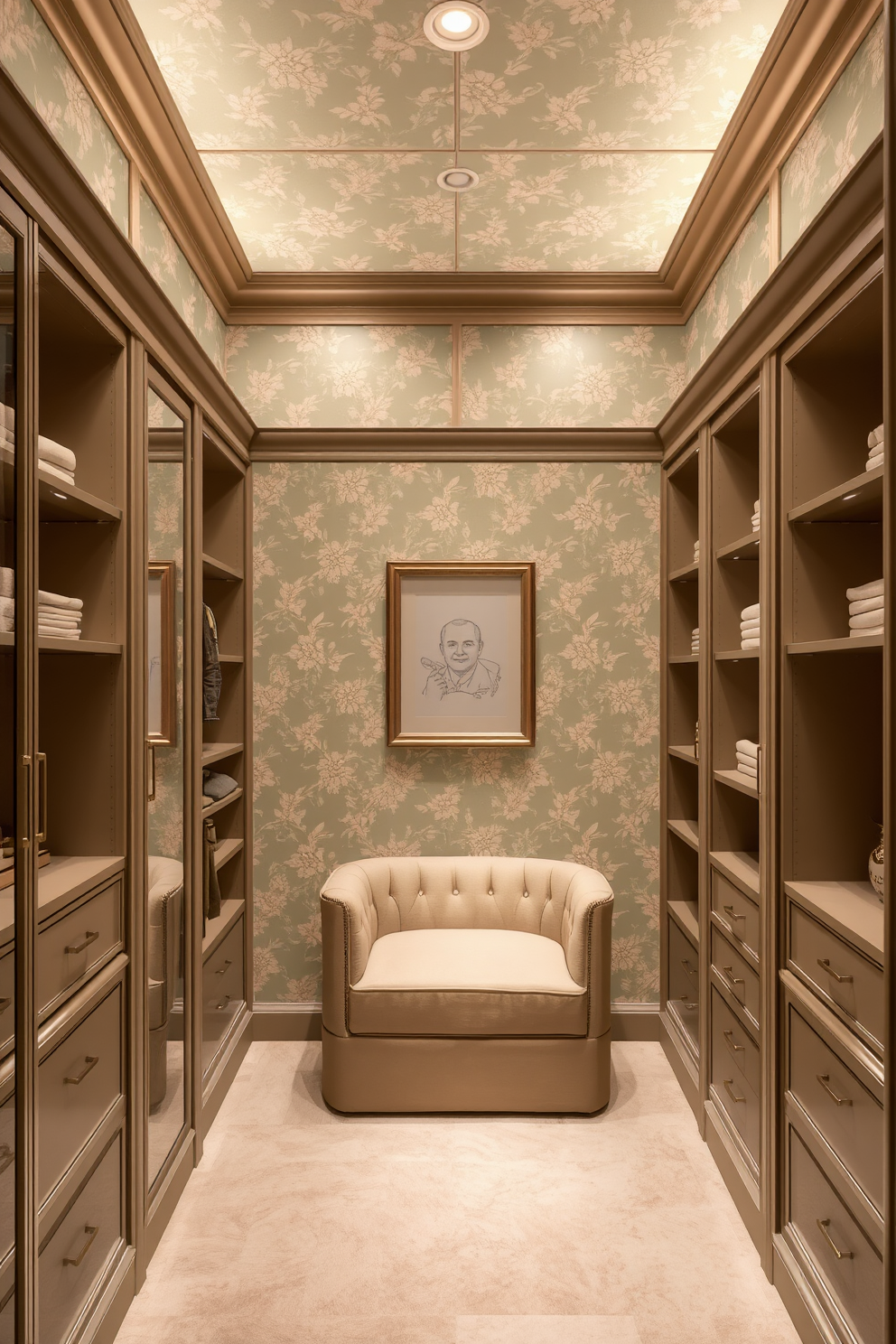 A luxurious walk-in closet featuring pastel green wallpaper adorned with delicate floral patterns. The space is illuminated with soft lighting, highlighting elegant shelving and a plush seating area.