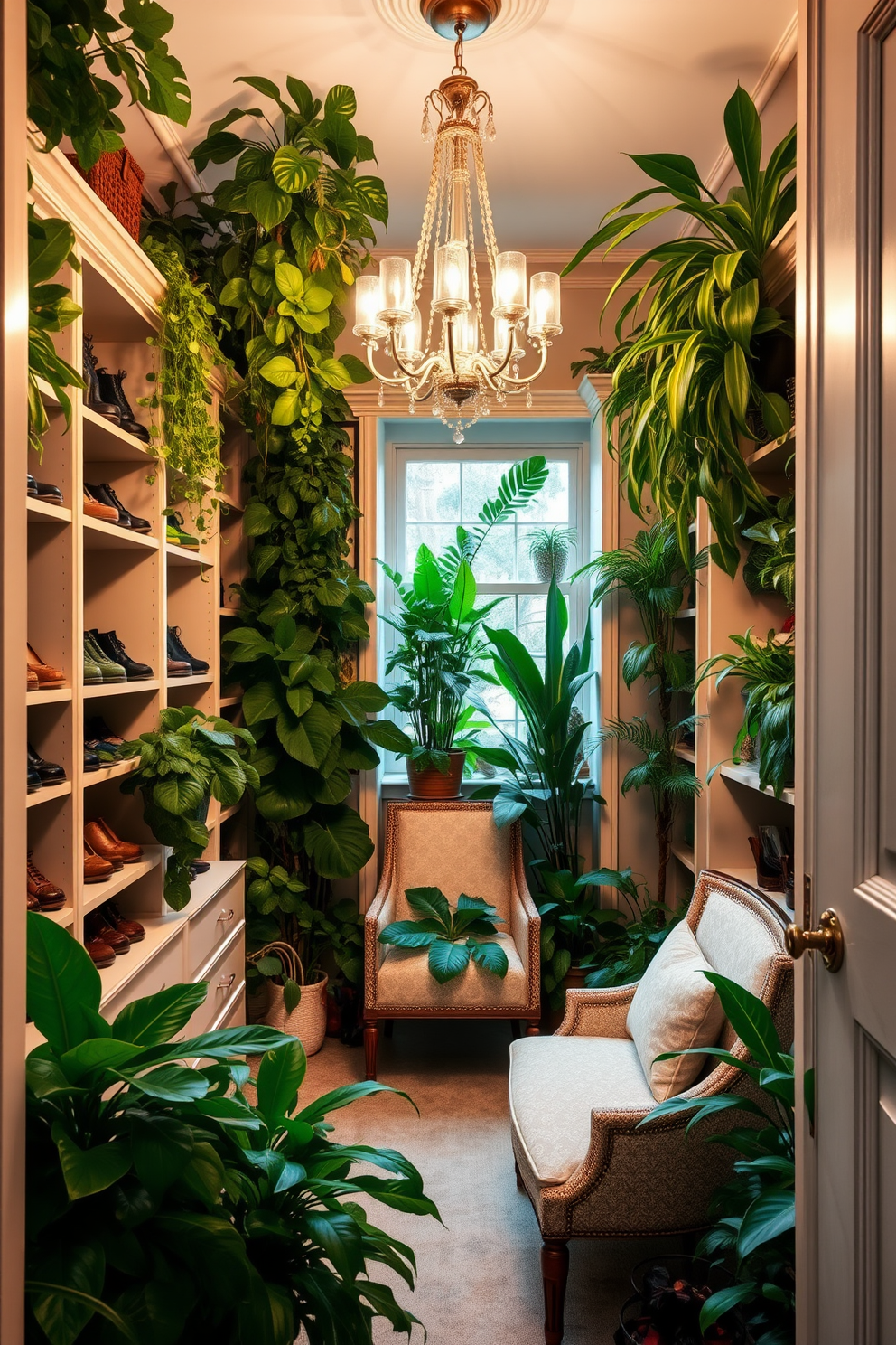 A spacious walk-in closet filled with lush green plants that enhance the air quality and create a calming atmosphere. The closet features elegant shelving for shoes and accessories, with a cozy seating area surrounded by vibrant greenery. The walls are painted in a soft neutral tone to complement the natural elements. A stylish chandelier hangs from the ceiling, providing warm light that highlights the beautiful arrangement of plants throughout the space.